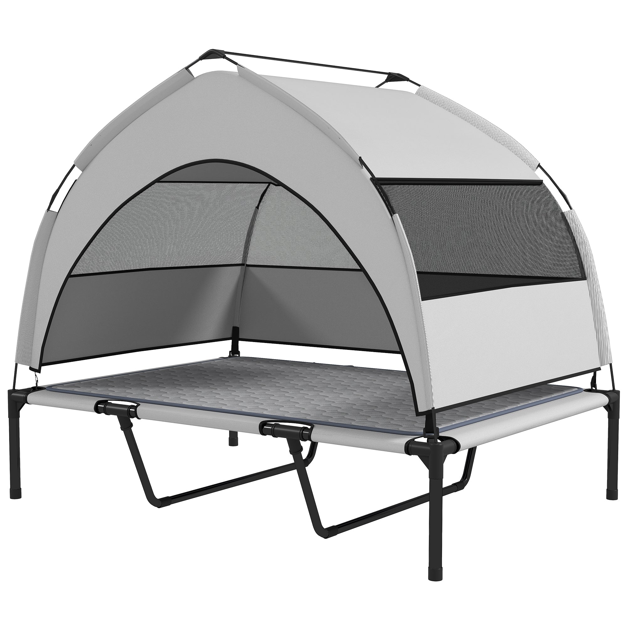 Elevated Dog Bed with Removable Canopy, Portable Outside Raised Pet Cot with Cooling Pad, Storage Bag, 42" x 30" x 37" - Light Gray