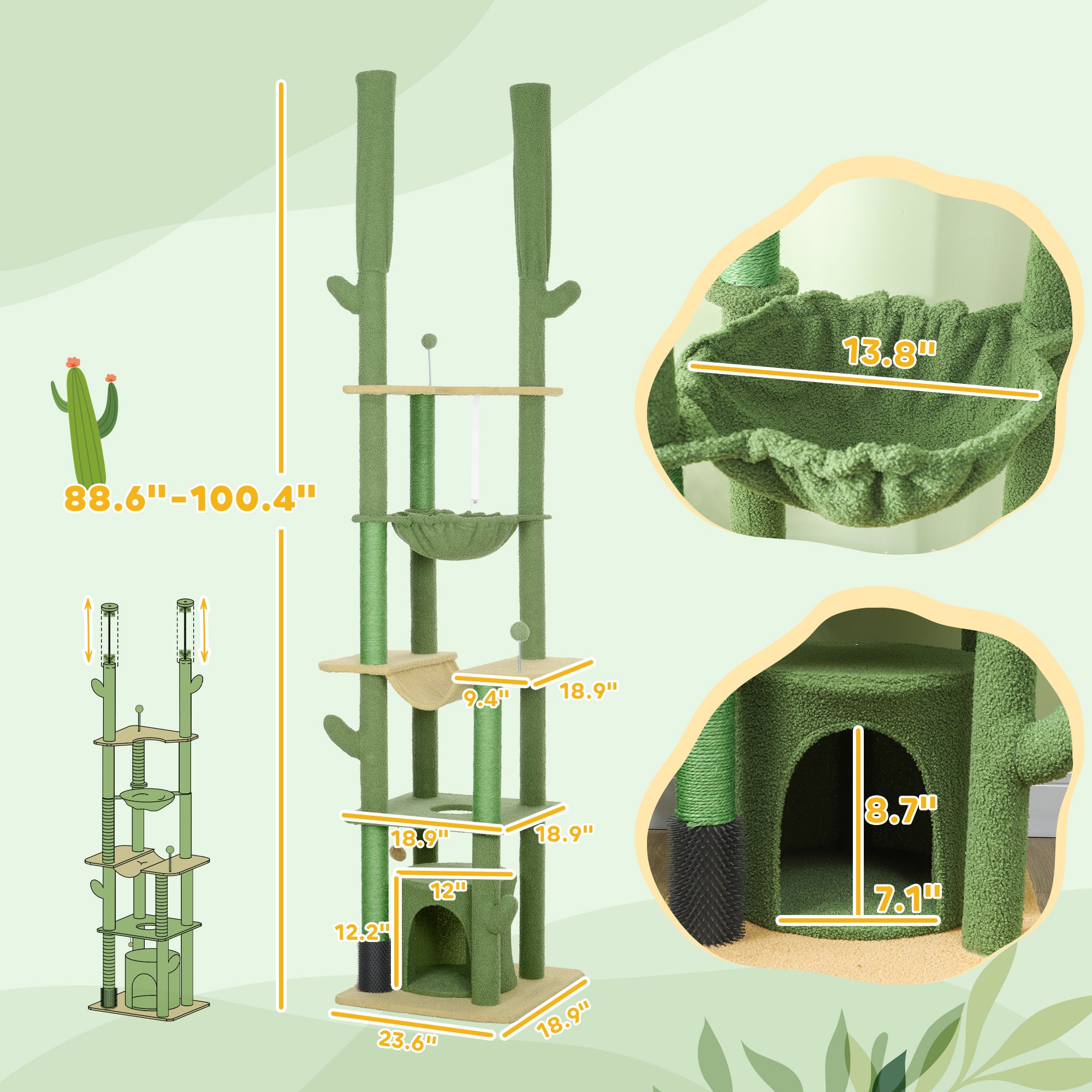 89"-100" Floor to Ceiling Cat Tree, Cat Climbing Tower with Grooming Brush Post, Cat Condo, Hammock, Green - Green - Image 3