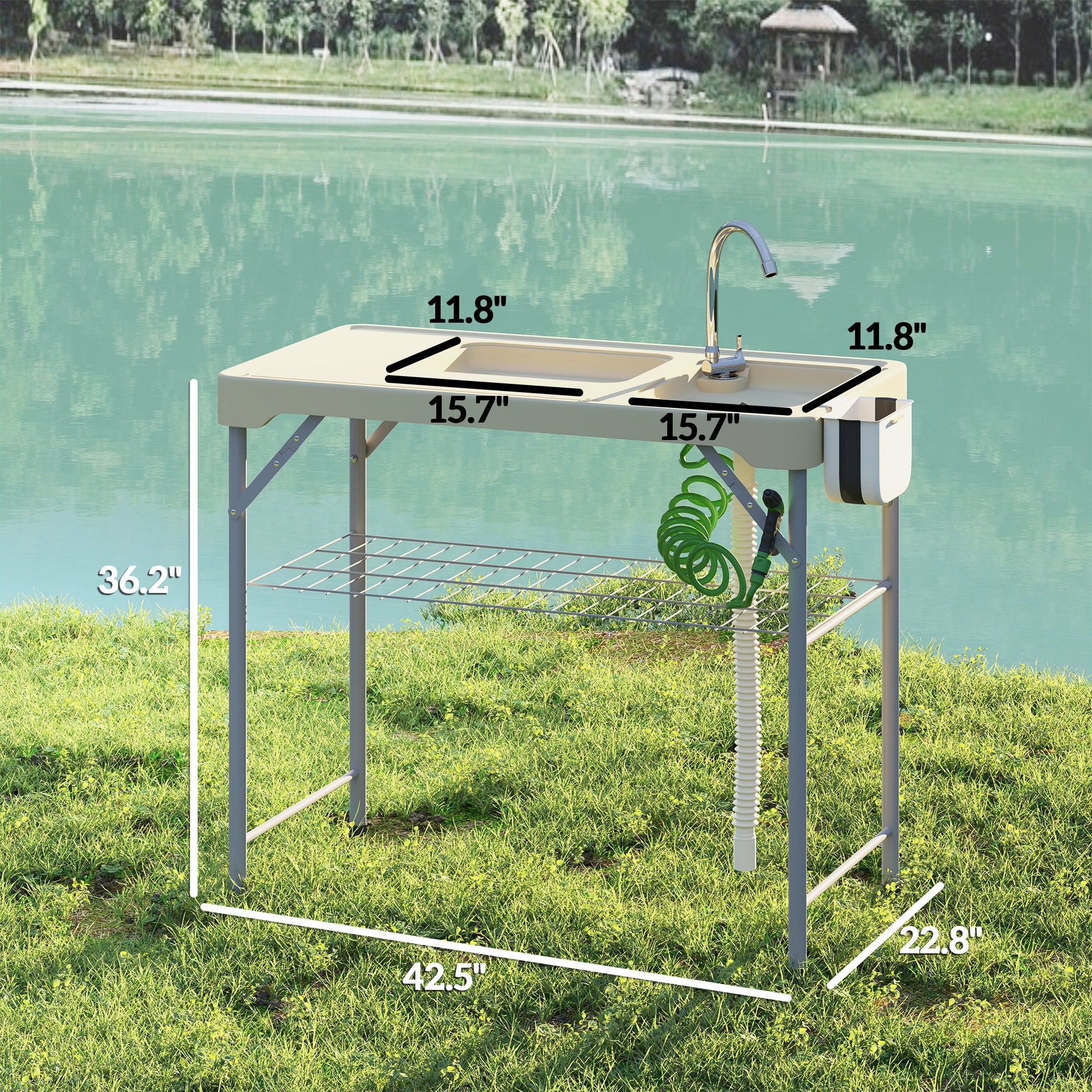 Folding Fish Cleaning Table with Sinks, Portable Camping Sink Table with Faucet, Drainage Hose, Sprayer, Shelf, Drawer and Storage Basket, Outdoor Fillet Table for Picnic Beach Patio, Tan