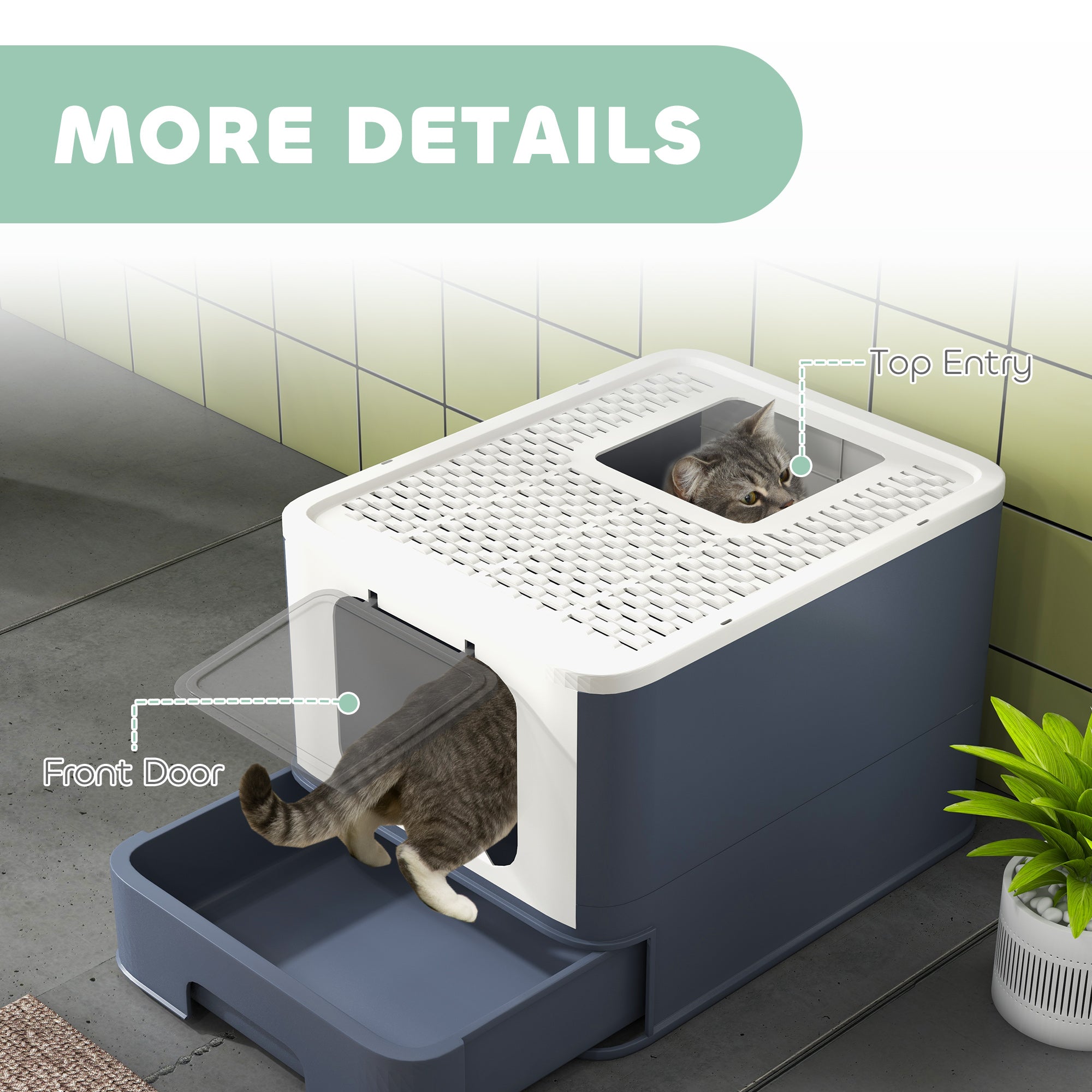 Cat Litter Box with Lid, Scoop, Front Entry, and Top Exit for Large Cats, White - White - Image 8