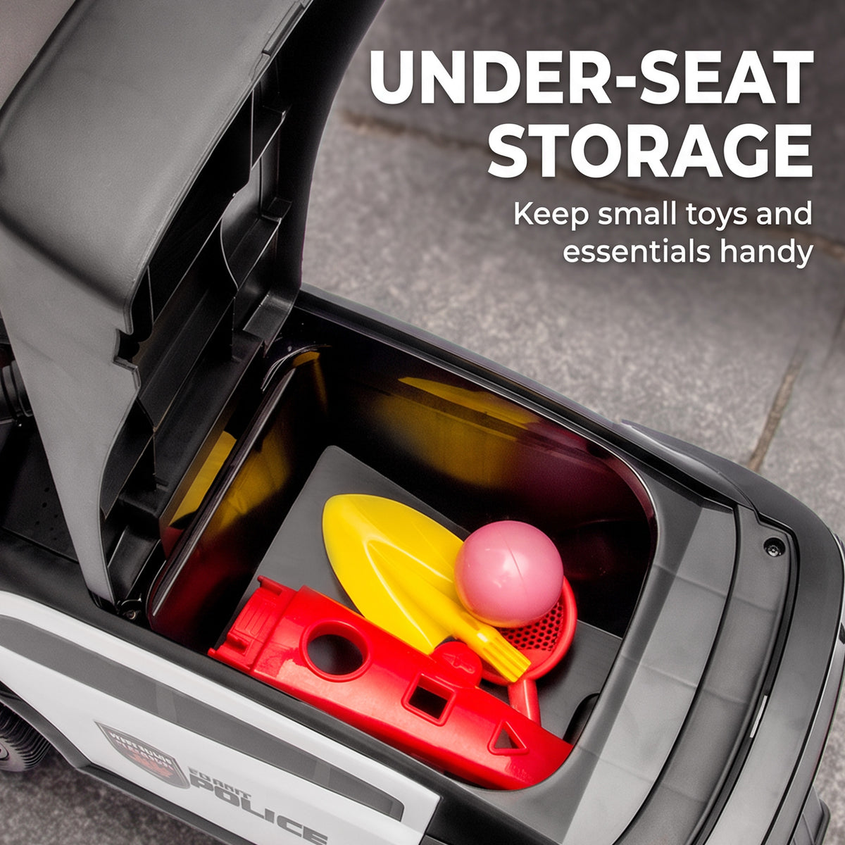 Toddler Push Car, Police Car Styling, Ride on Toys with Under-Seat Storage and Anti Tip Device, for 18-36 Months, Black