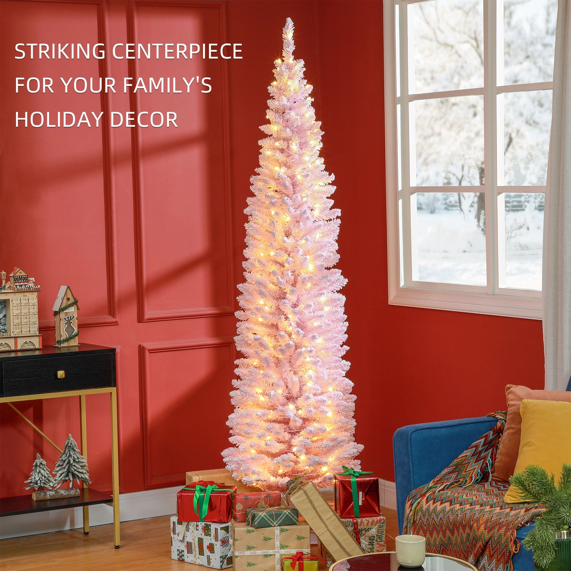 7ft Pencil Christmas Tree, Slim Artificial Christmas Tree with Snow Flocked Branches and Warm White LED Lights, Pink