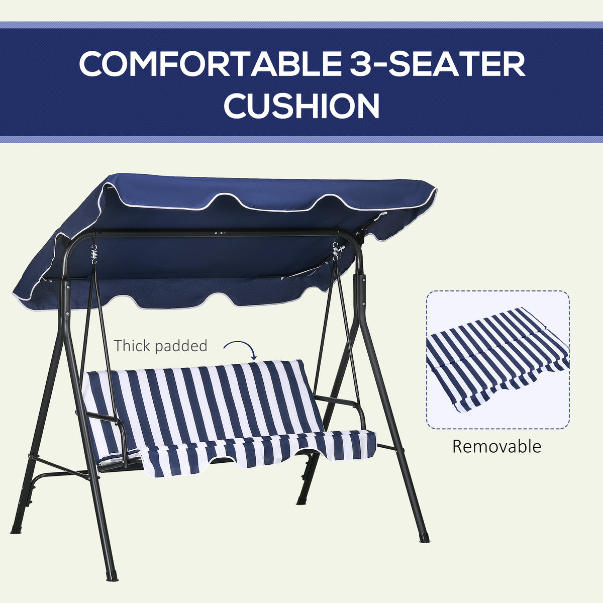 3-Seat Outdoor Patio Swing Chair with Cushion, Steel Frame Stand, Adjustable Tilt Canopy for Patio, Garden, Dark Blue