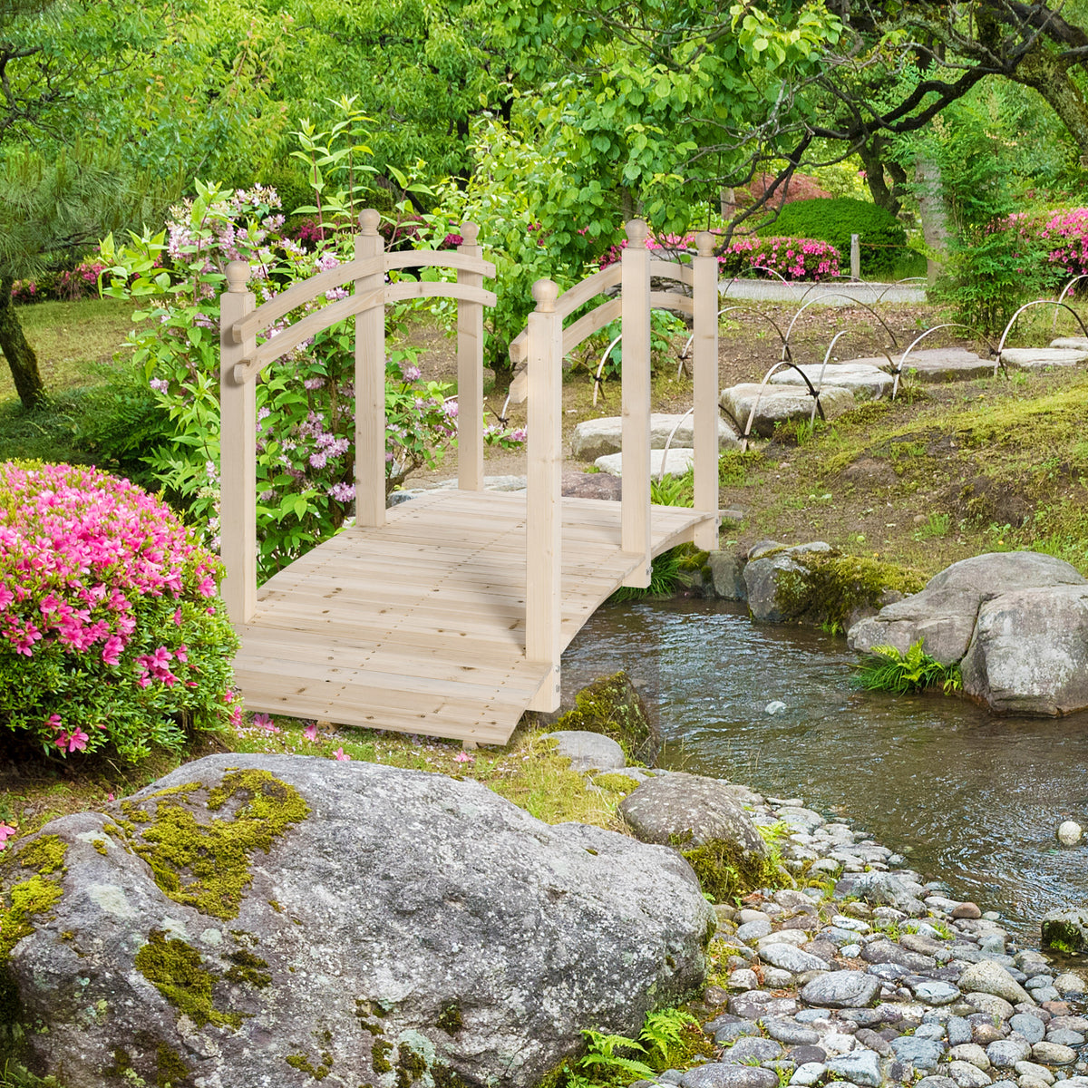 Wooden Arch Garden Bridge, Safety Rails for Backyard Ponds, Creeks, Streams, 7.5' , Natural