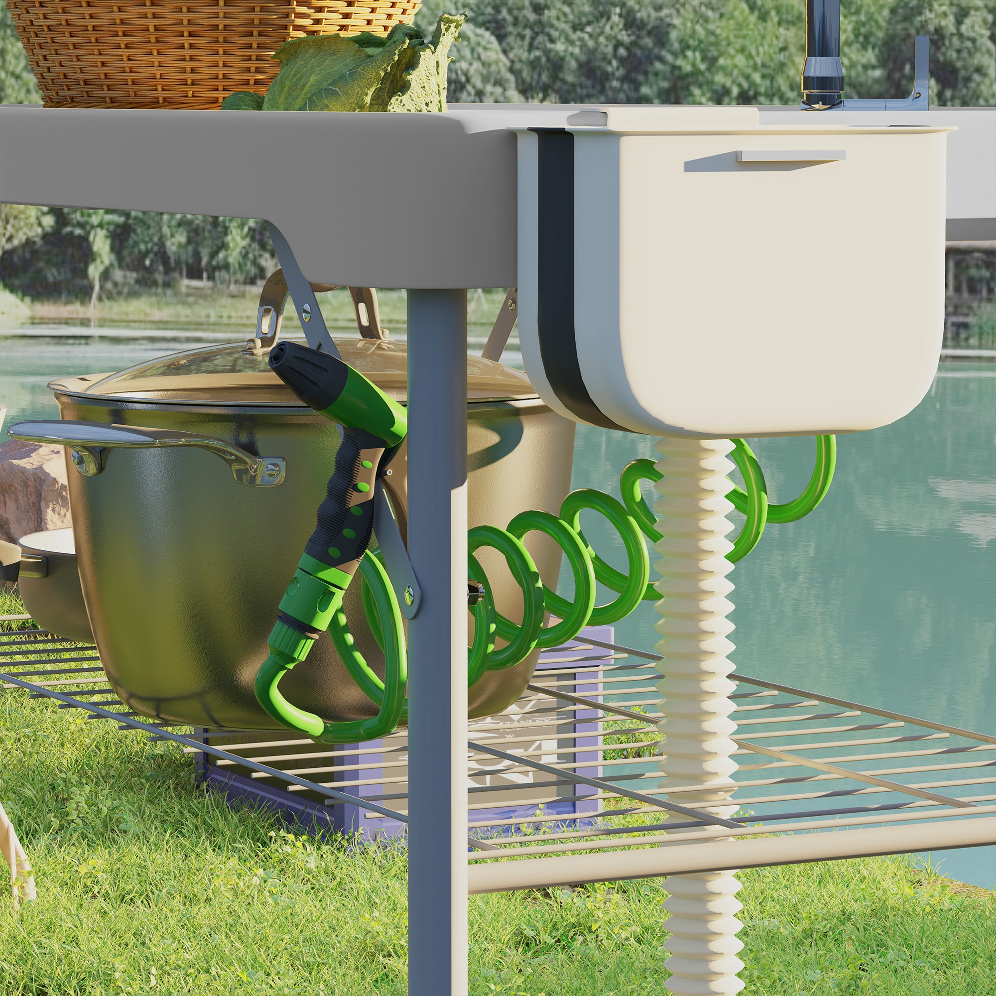 Folding Fish Cleaning Table with Sinks, Portable Camping Sink Table with Faucet, Drainage Hose, Sprayer, Shelf, Drawer and Storage Basket, Outdoor Fillet Table for Picnic Beach Patio, Gray