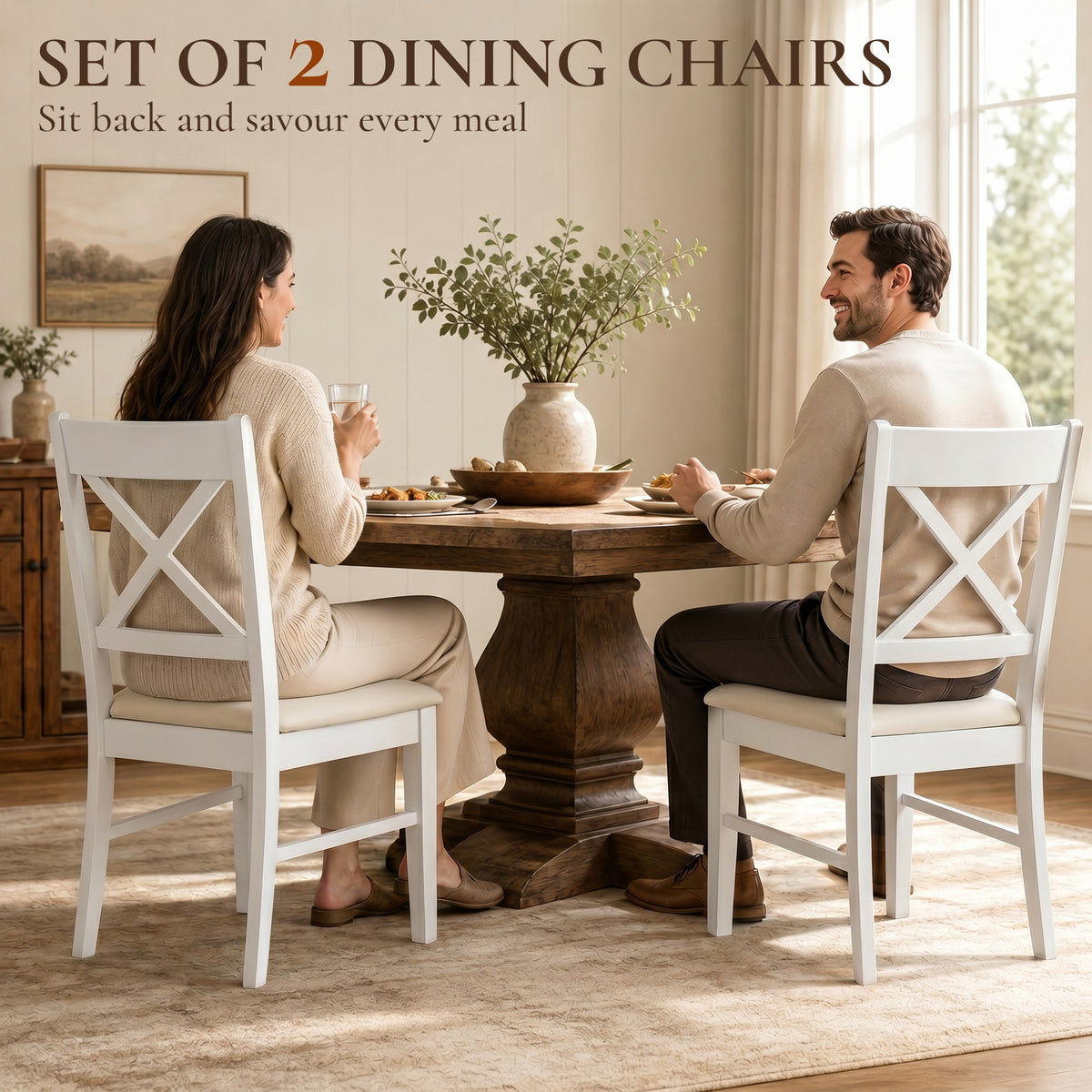 Dining Chairs Set of 2, Upholstered Kitchen Chairs with Rubberwood Frame, Padded Seat and X-Back, White