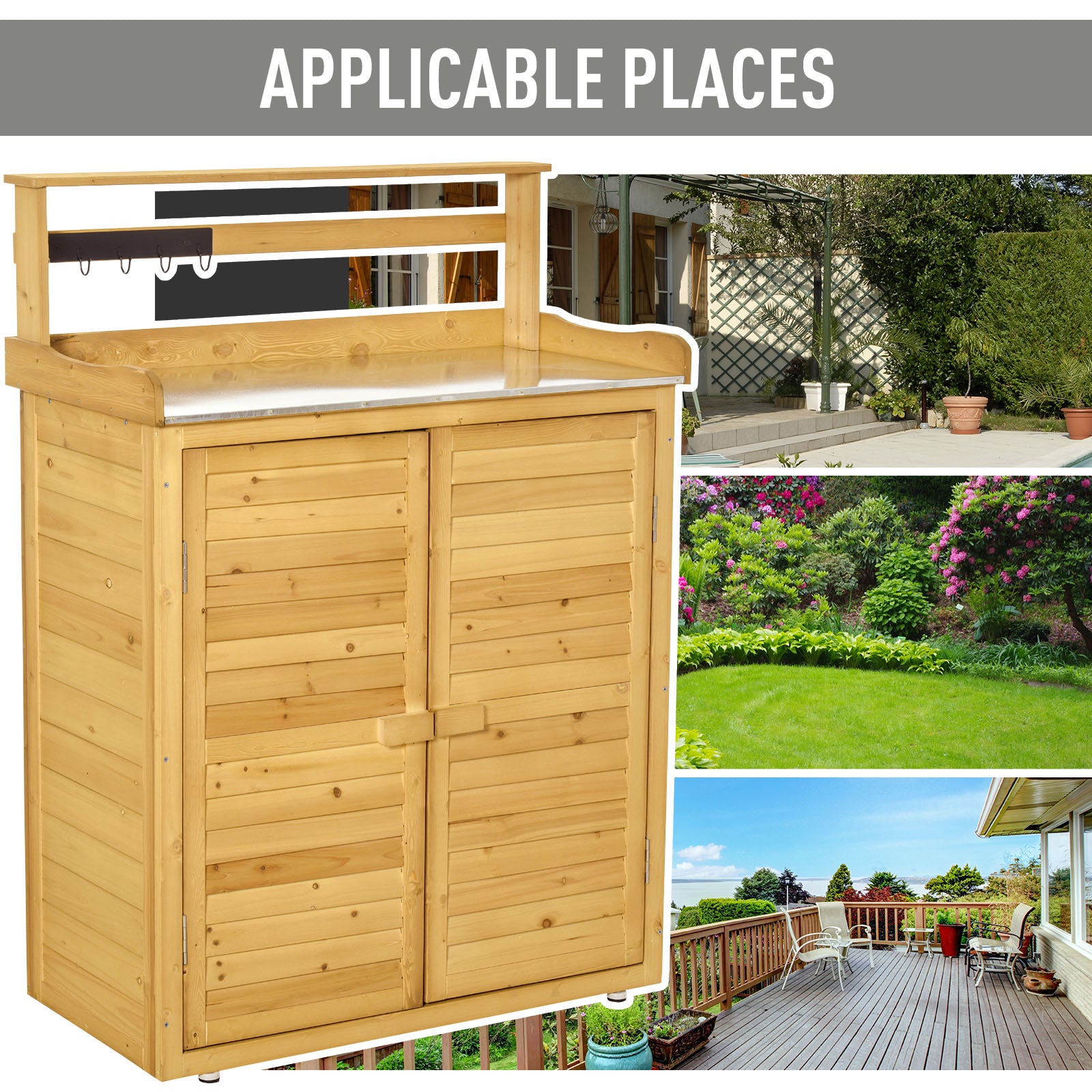 Backyard Garden Tool Storage Shed, Outdoor Storage & Potting Bench with 2 Magnetic Close Doors & Large Interior Storage Space - Yellow - Image 6