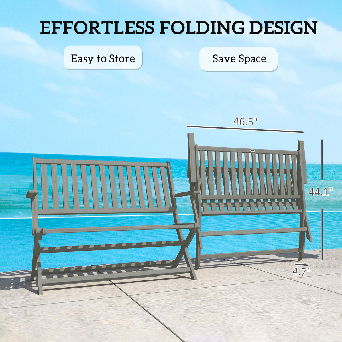 2-Person Foldable Wood Outdoor Bench with Backrest and Armrests for Garden, Porch, Park, Balcony, Gray
