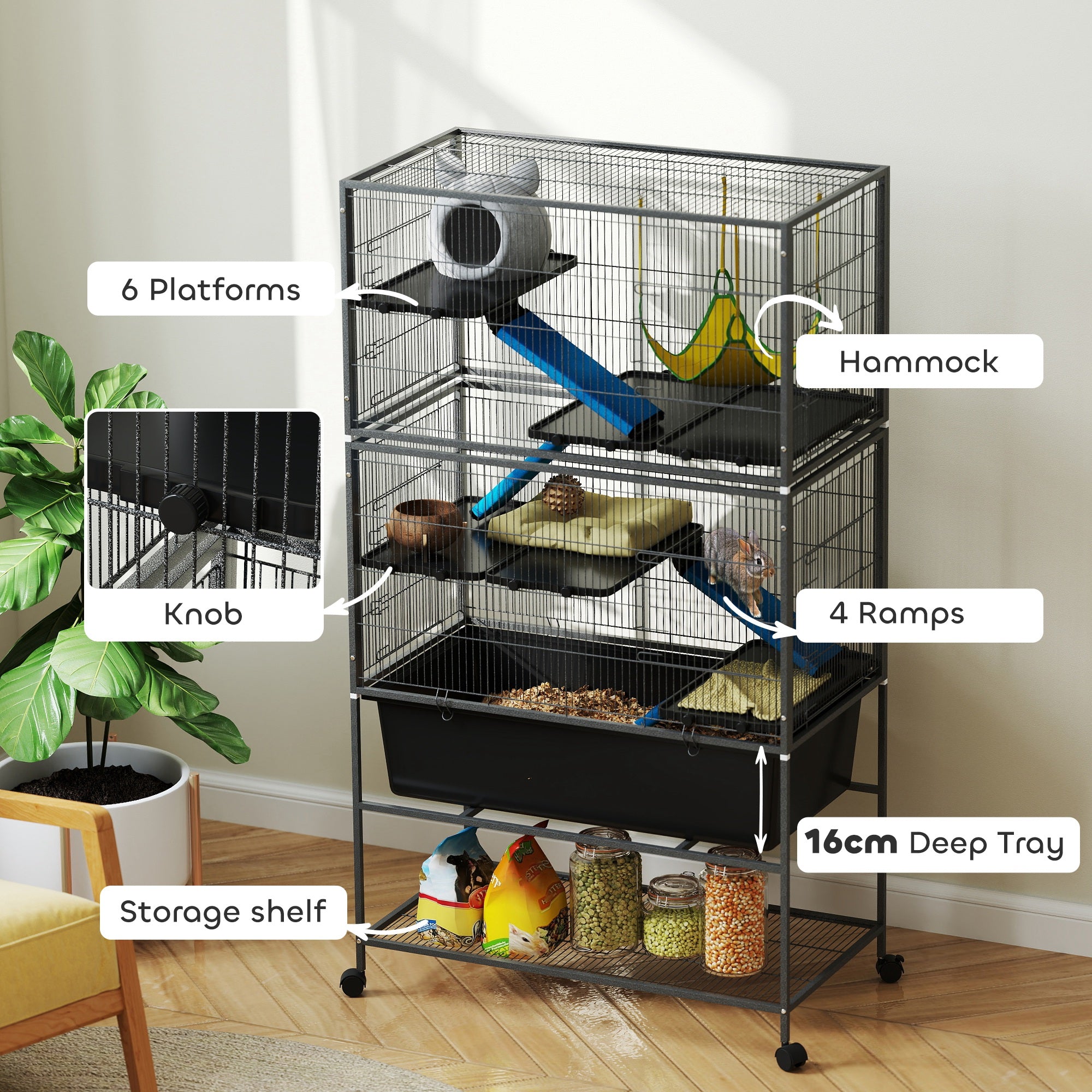 59" 5-Level Small Animal Cage, Rolling Ferret Cage with 6.3" Deep Tray, Non-Slip Cloth Covered Ramps, Hammock, Dark Gray - Dark Gray - Image 5