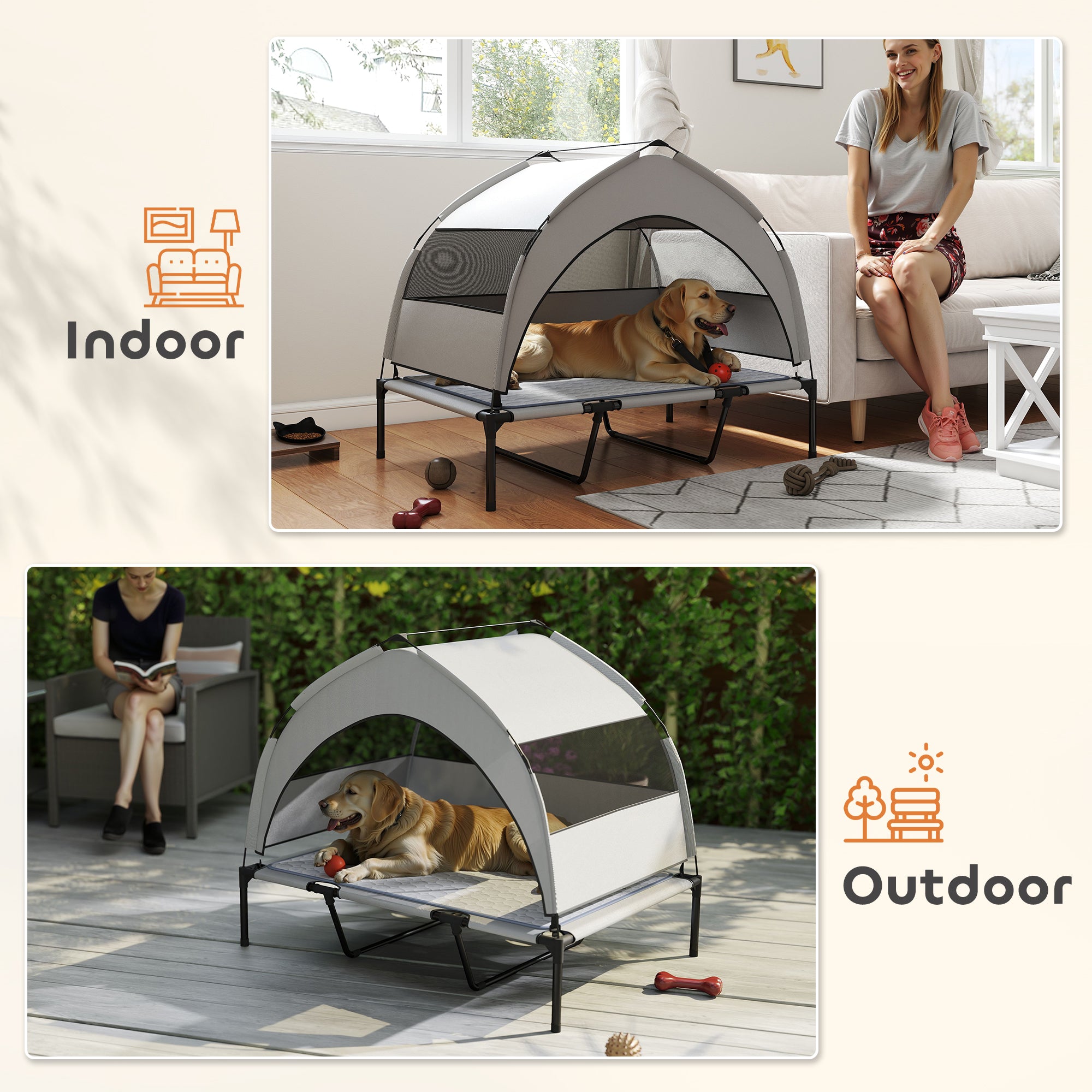Elevated Dog Bed with Removable Canopy, Portable Outside Raised Pet Cot with Cooling Pad, Storage Bag, 42" x 30" x 37" - Light Gray - Image 8