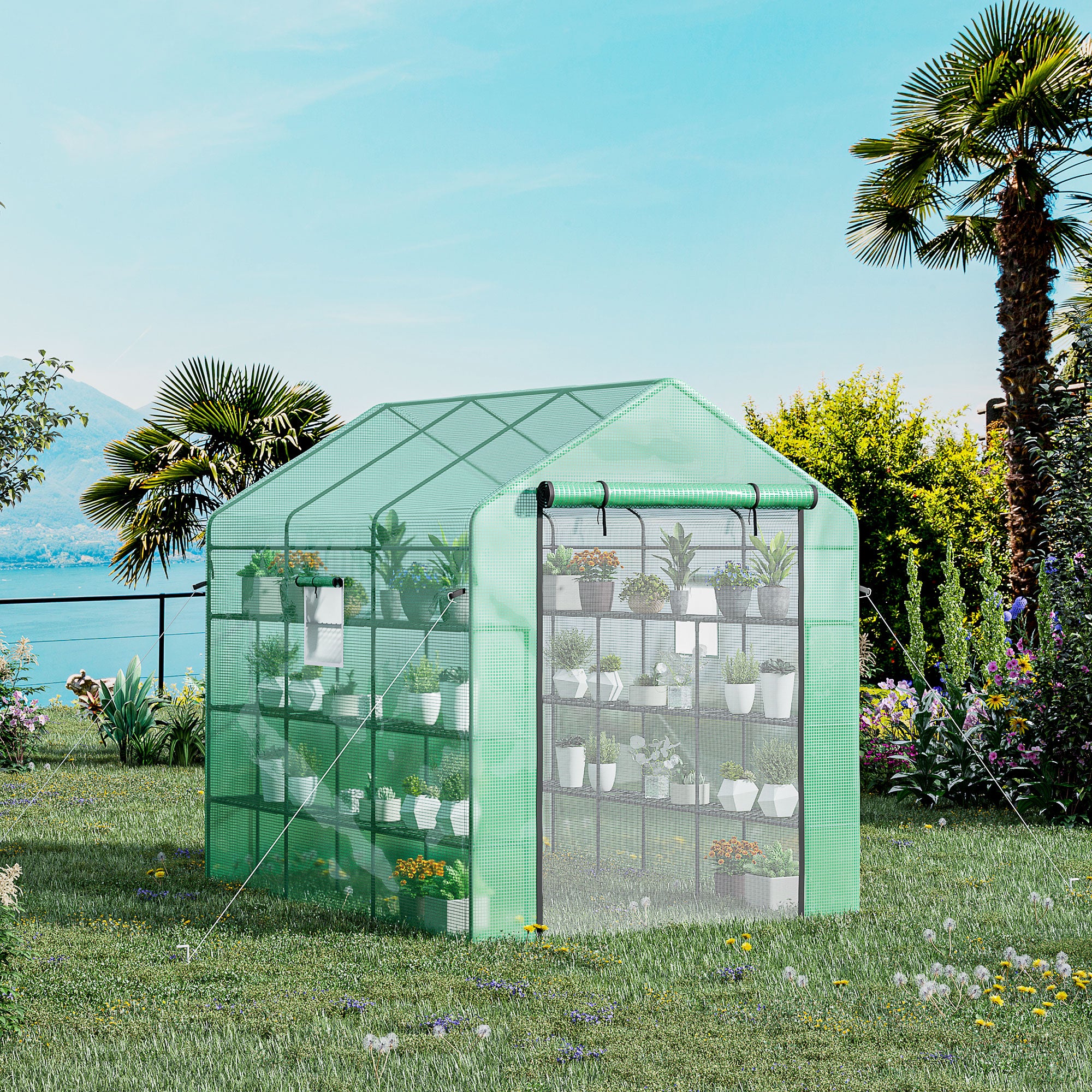 8' x 6' x 7' Temporary Greenhouse for Growing Flowers with Mesh Door & Windows Green - Green - Image 2