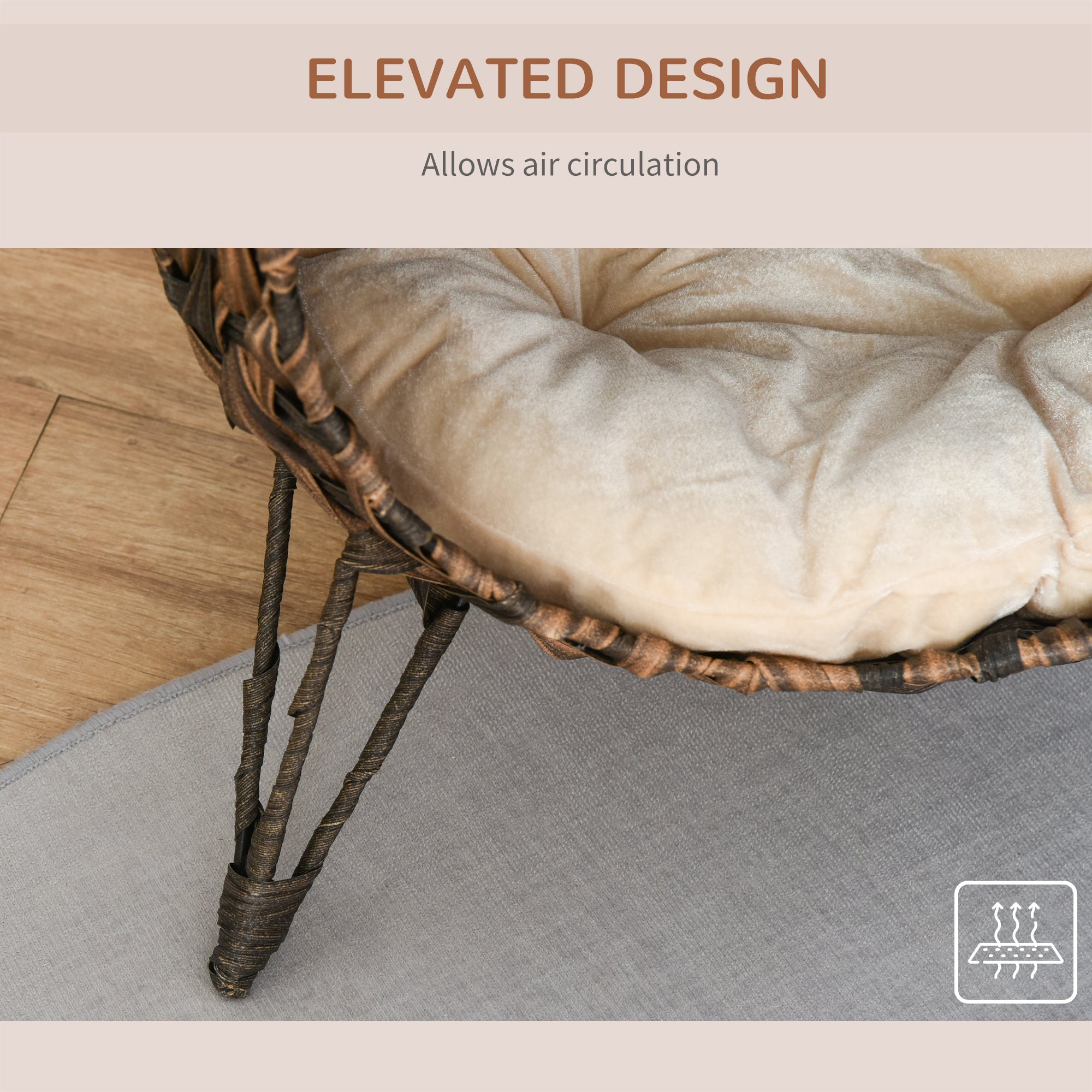 20.5" Weaved Cat Bed, Elevated Hand-woven Braided Banana Leaf Kitten House Condo with Cushion, Brown - Brown - Image 7
