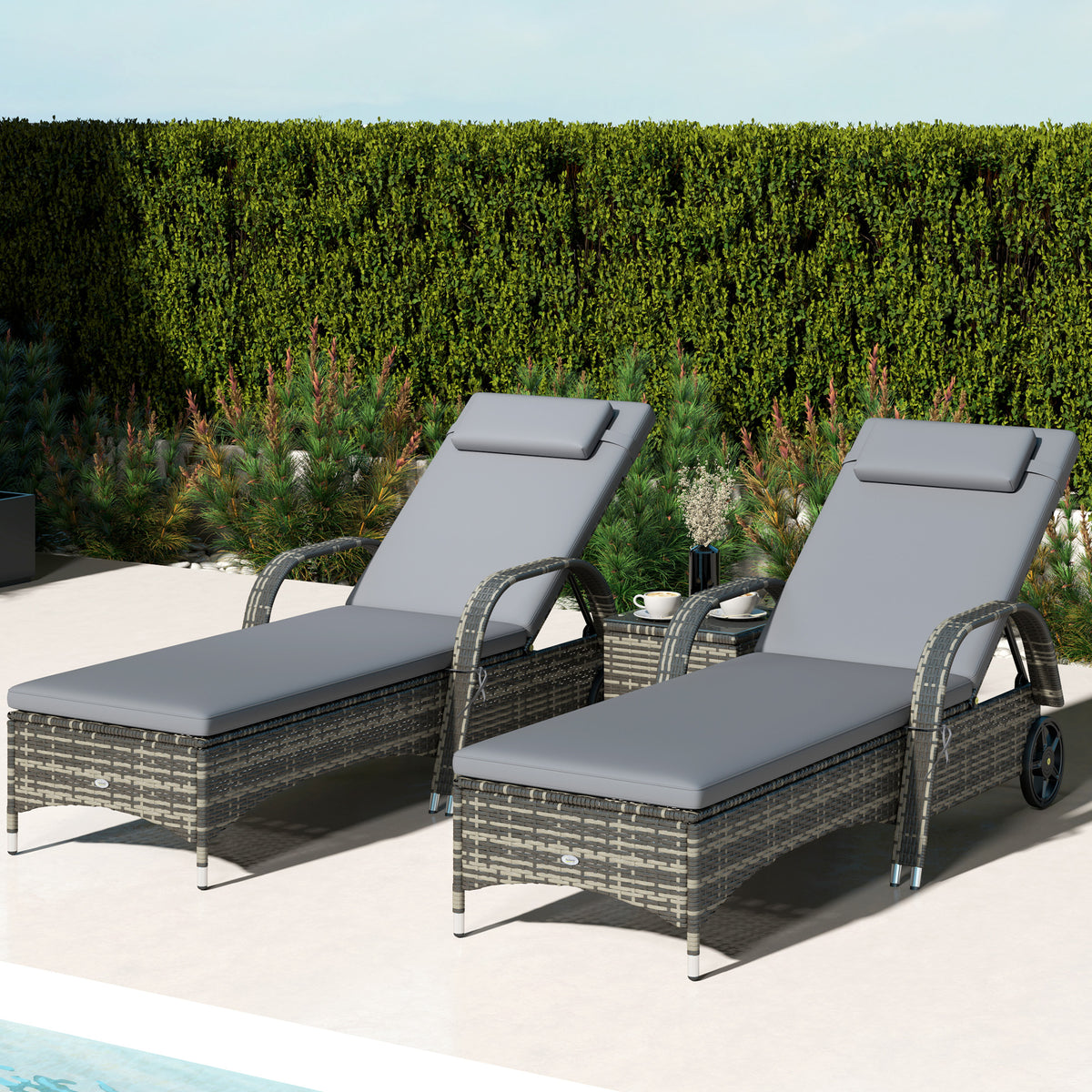 Patio Wicker Chaise Lounge Chair Set of 2 with Table, Adjustable Backrest, Wheels, Cushion & Headrest, Gray