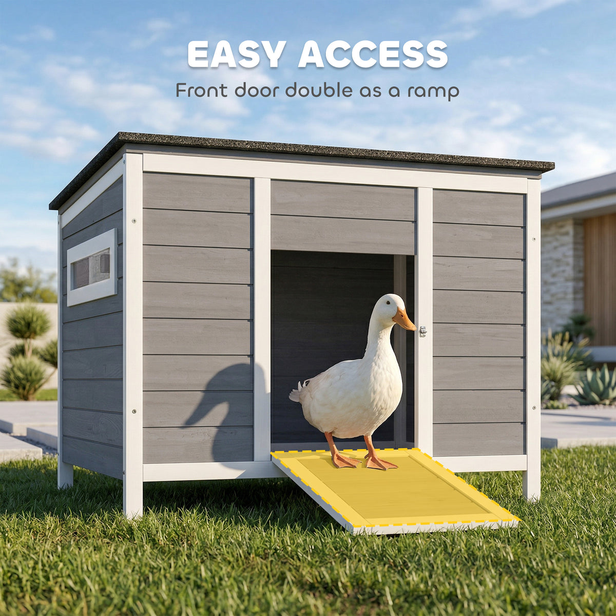 Duck Coop, Wooden Duck House Rabbit Hutch with Openable Roof, Removable Base, Elevated Legs, Ramp, Ventilated Windows