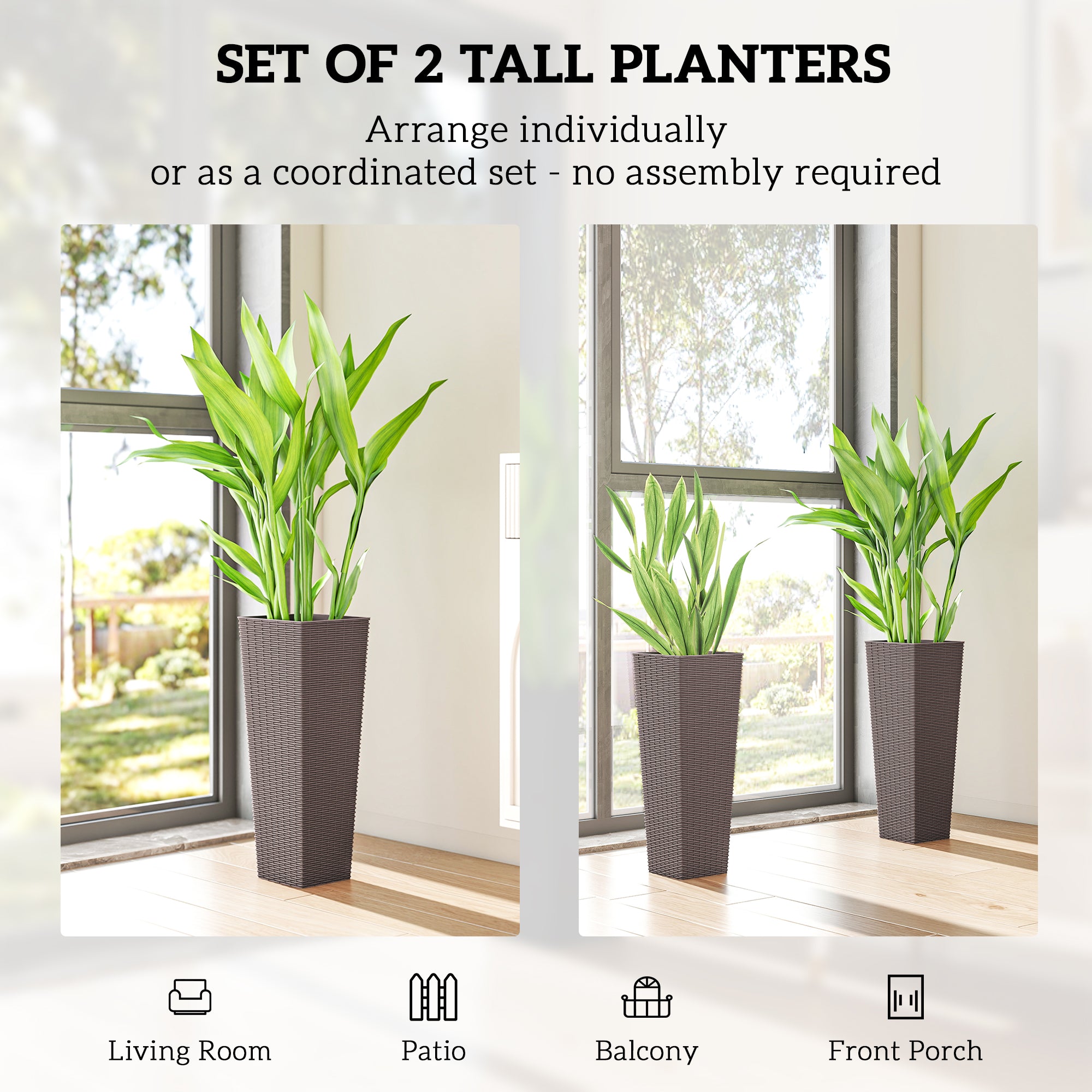 23.6 Inch Tall Planters for Outdoor Plants, Set of 2 Plastic Flower Pots with Drainage Holes, Brown - Brown - Image 4