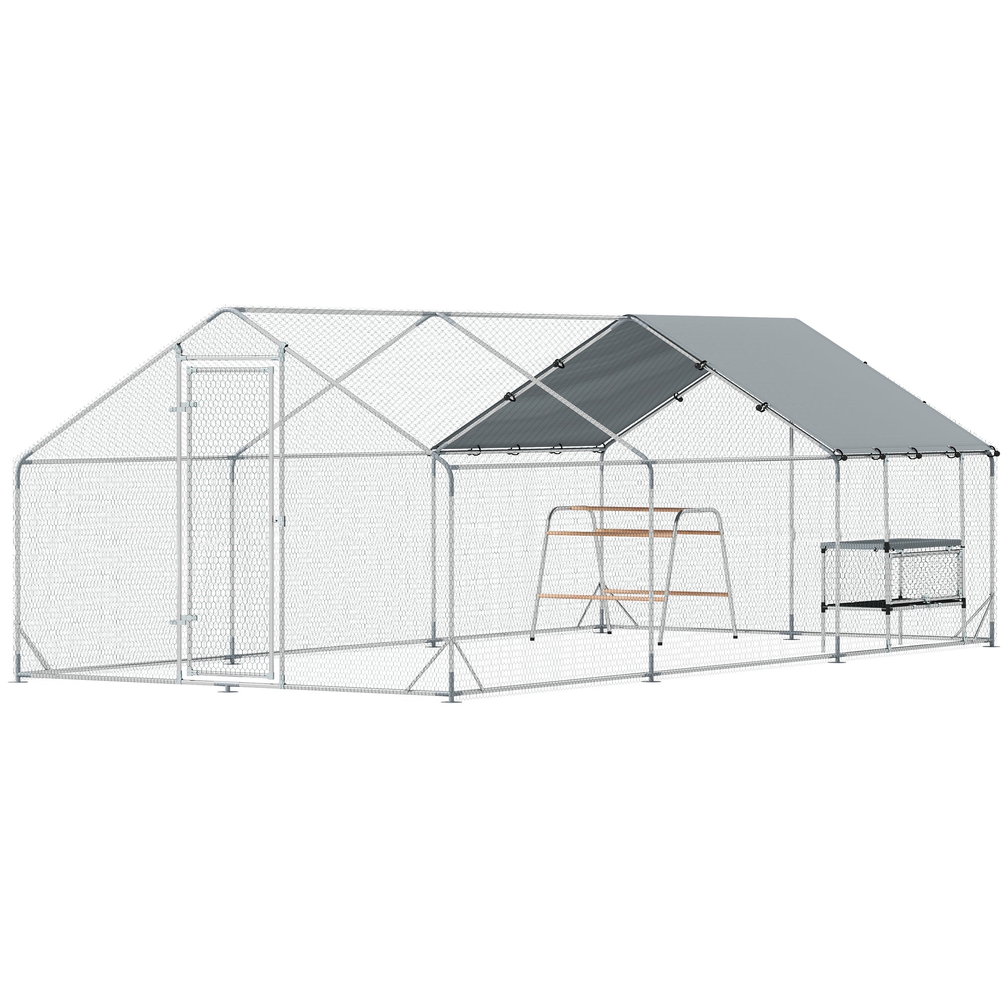 Large Metal Chicken Coop with Waterproof Cover, Roosting Bar, Nesting Box, 9.8' x 19.7' x 6.4' - Silver