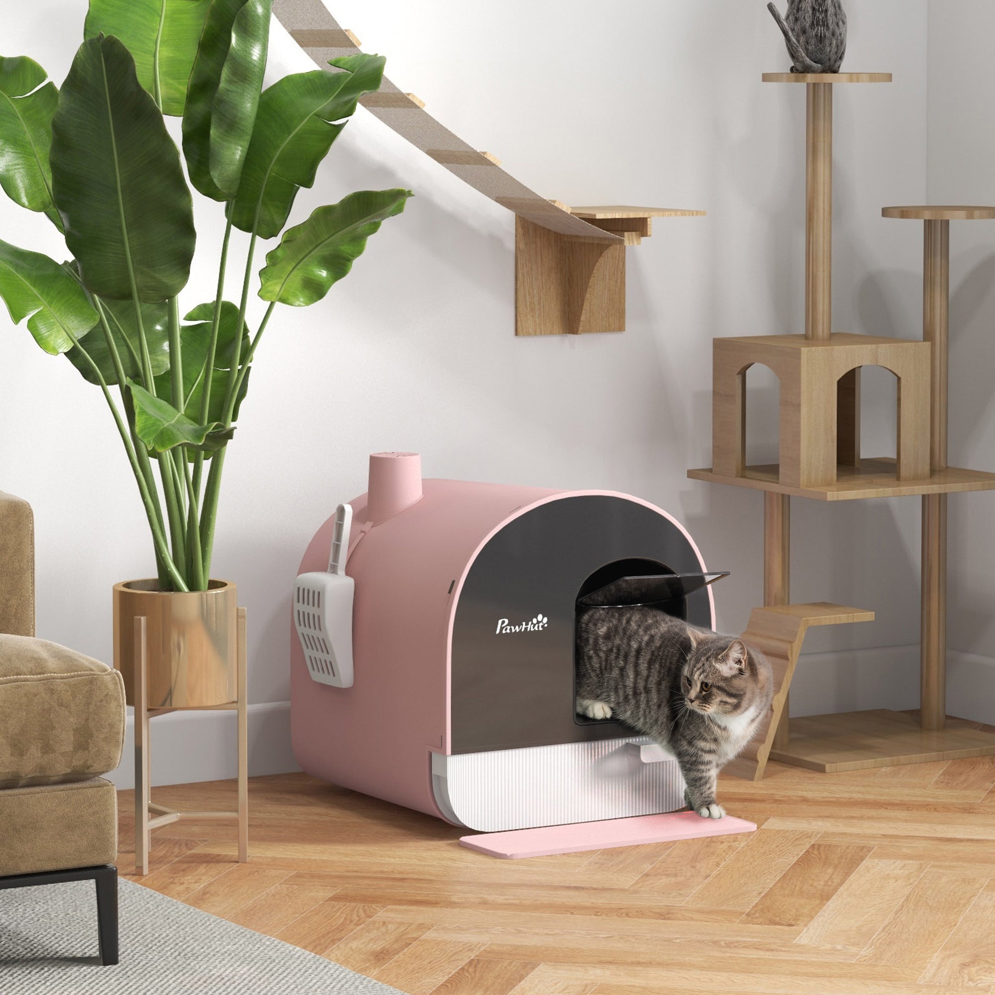 Cat Litter Box with Lid with Scoop and Filter, Pink - Pink - Image 2