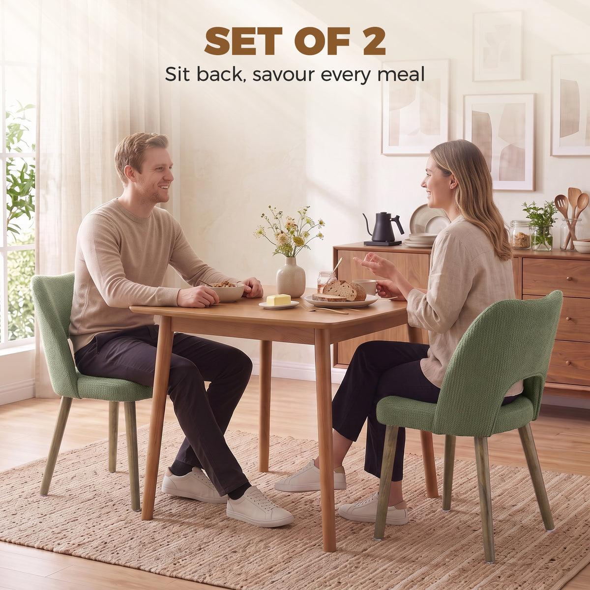 Dining Chairs Set Upholstered Kitchen Chenille Tool Free Assembly Rubberwood Legs, Green