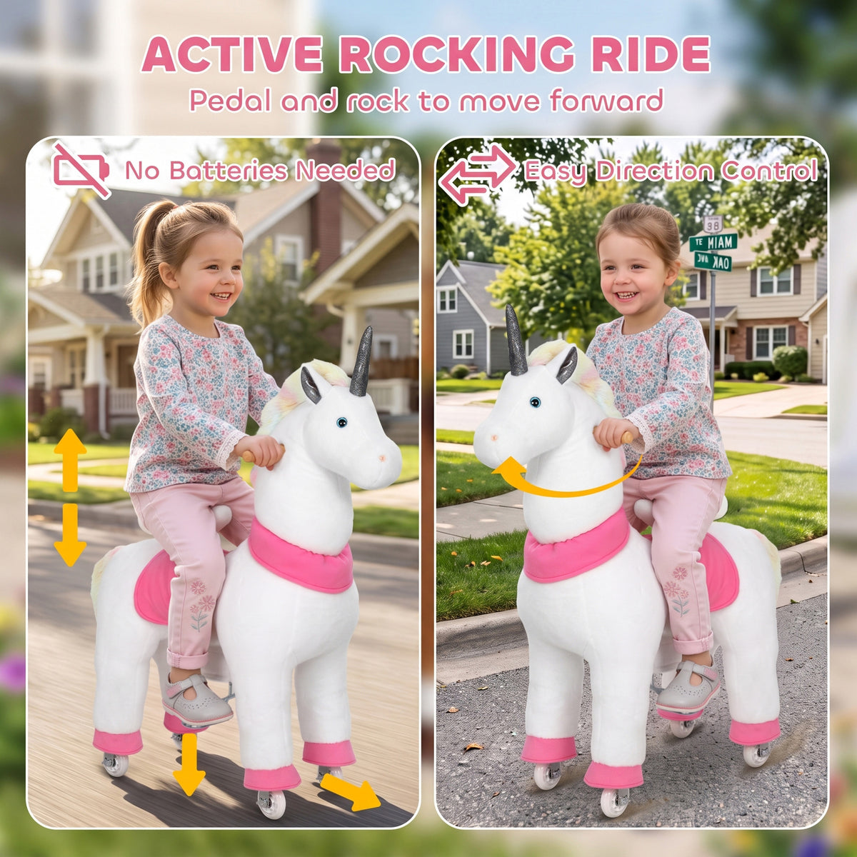 Unicorn Ride on Horse for Kids 4-12 Years, 37.4 Inch Height Plush Riding Pony with Rolling Wheels for Active Play, White