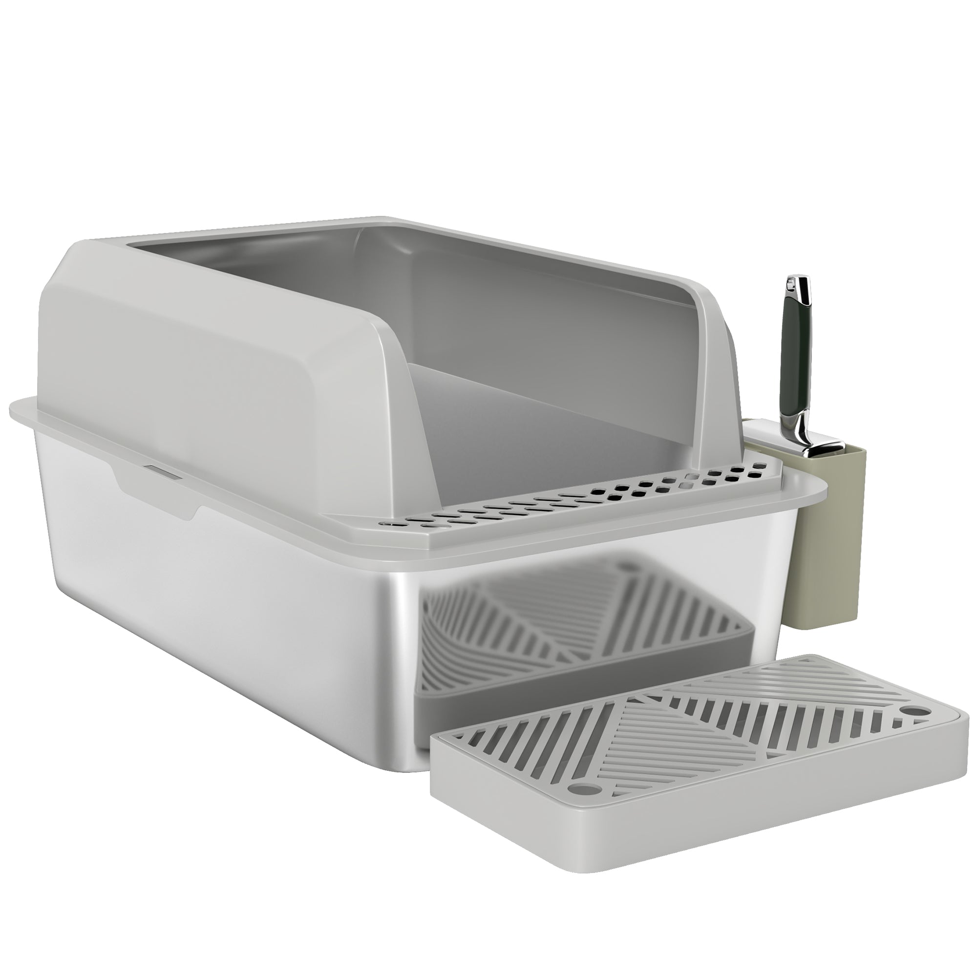 Stainless Steel Litter Box with Metal Scoop & Scoop Holder, High Sided, Anti-Urine Leakage, Non-Sticky - Light Gray