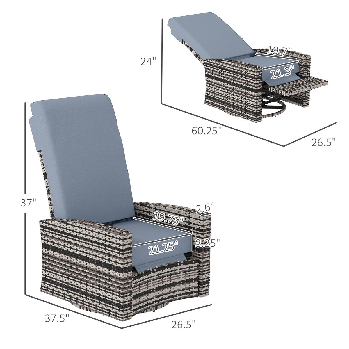 Outdoor Wicker Swivel Recliner Chair, Lifting Footrest, 360° Rotating Basic, Water-resistant Cushions, Gray