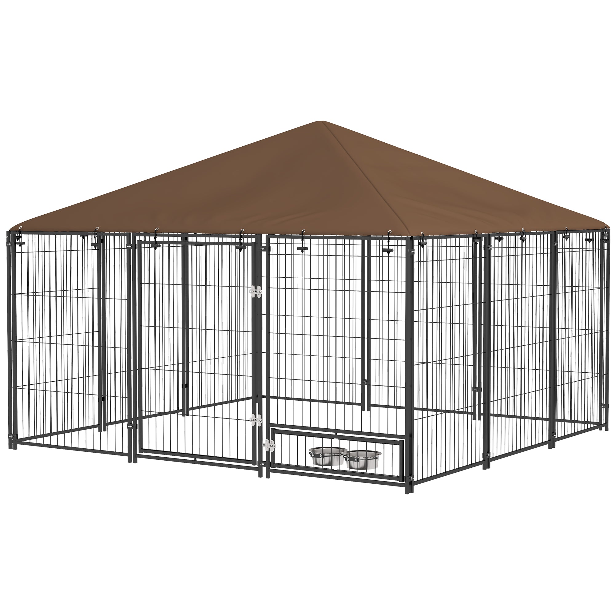 6.9' x 6.9' x 5' Outdoor Dog Kennel with Canopy Garden Playpen Fence Crate Enclosure Cage Rotating Bowl, Coffee - Coffee