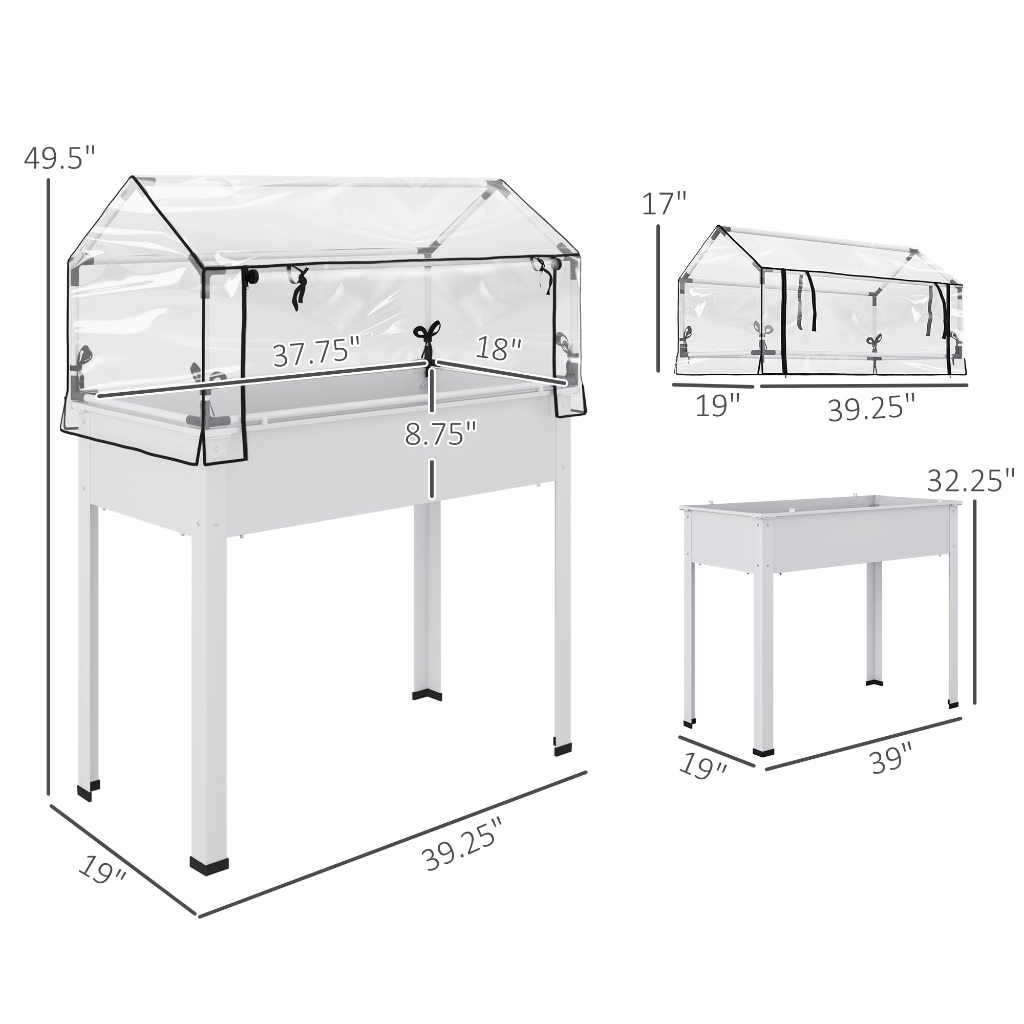 Elevated Garden Box with Greenhouse Cover, Raised Garden Bed with Legs and Drainage Hole for Vegetables, White - White - Image 3