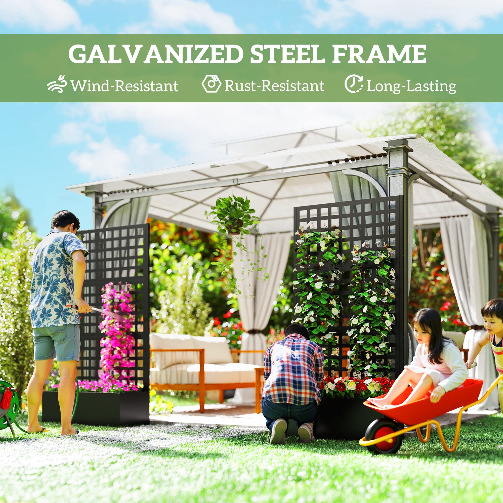 Galvanized Raised Garden Bed Planter Box with Trellis for Climbing Plants, Vegetable, Vines, 35" x 16" x 70", Black - Black - Image 4