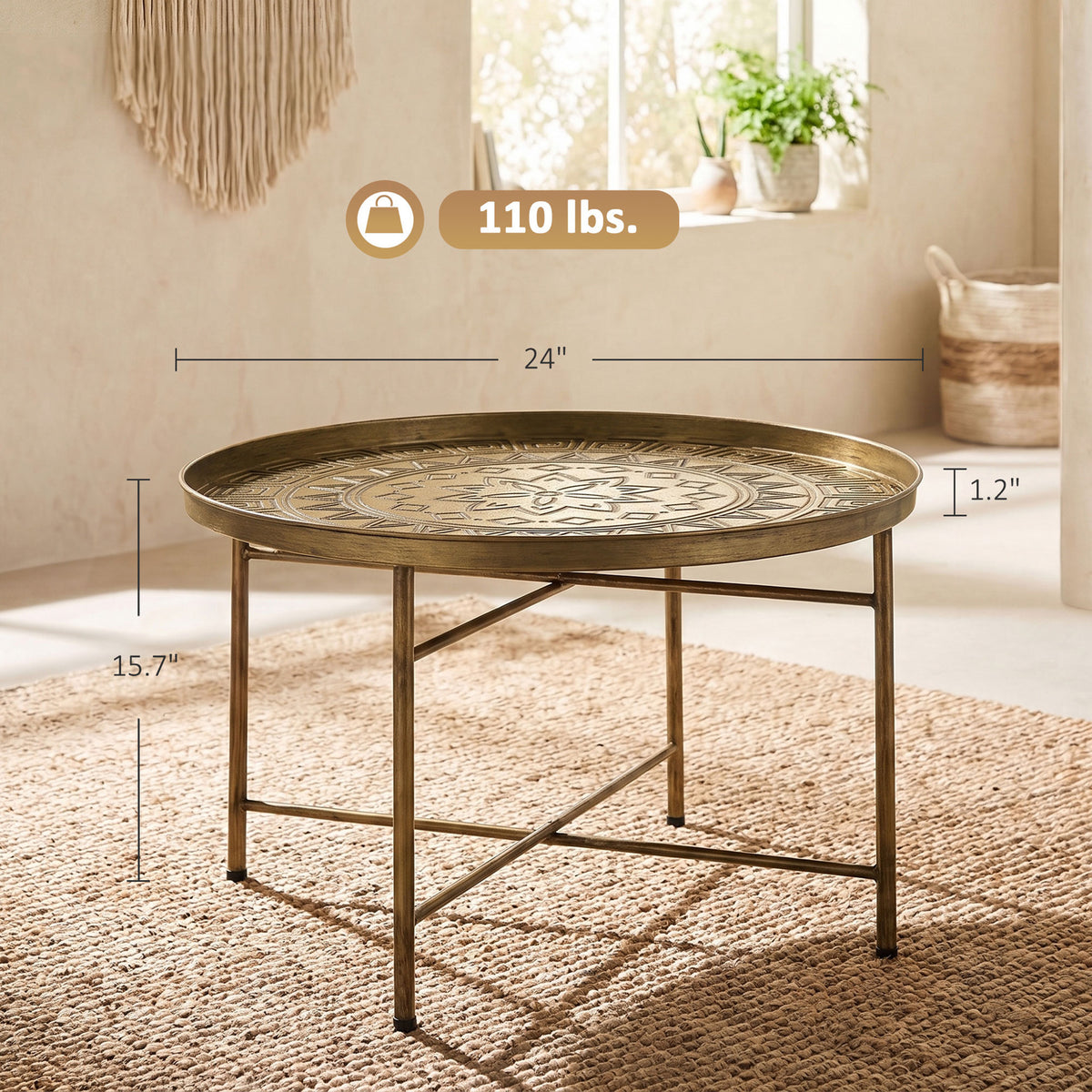 Coffee Table for Living Room, 24" Round Center Table with Hammered Tray Top and Metal Frame for Bedroom, Gold