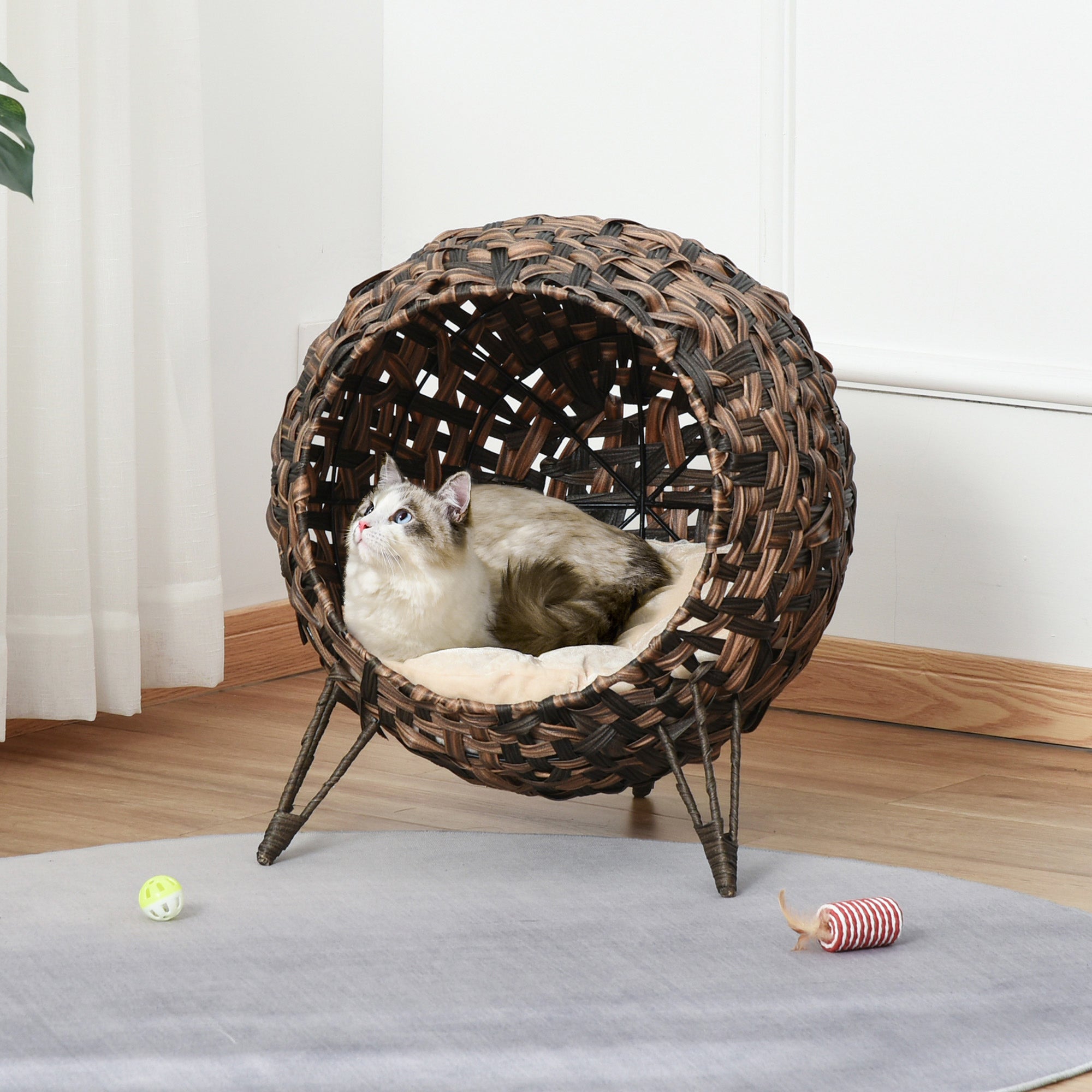 20.5" Weaved Cat Bed, Elevated Hand-woven Braided Banana Leaf Kitten House Condo with Cushion, Brown - Brown - Image 2