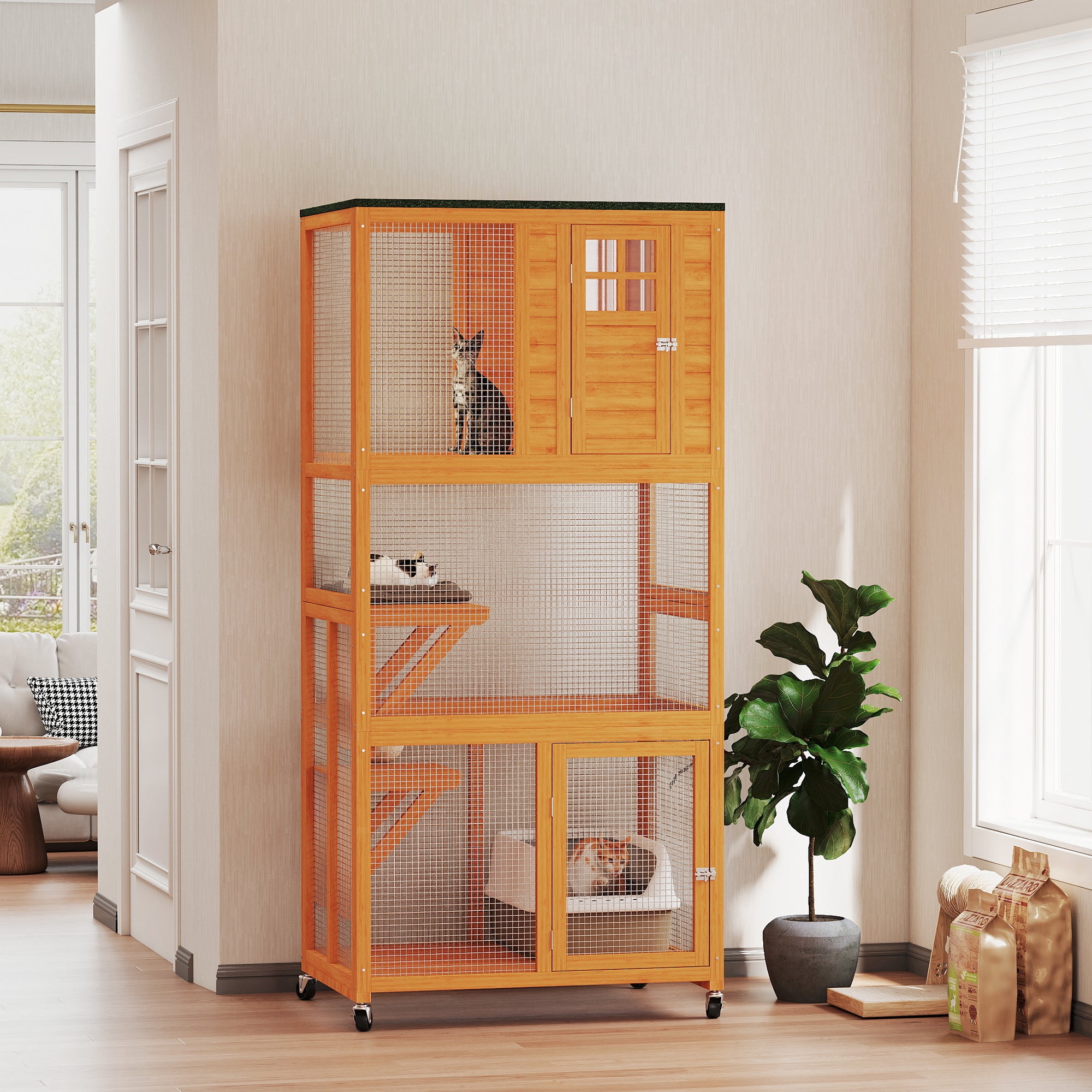 74" Wooden Outdoor Cat House Catio Outdoor Cat Enclosure, Orange - Orange - Image 2