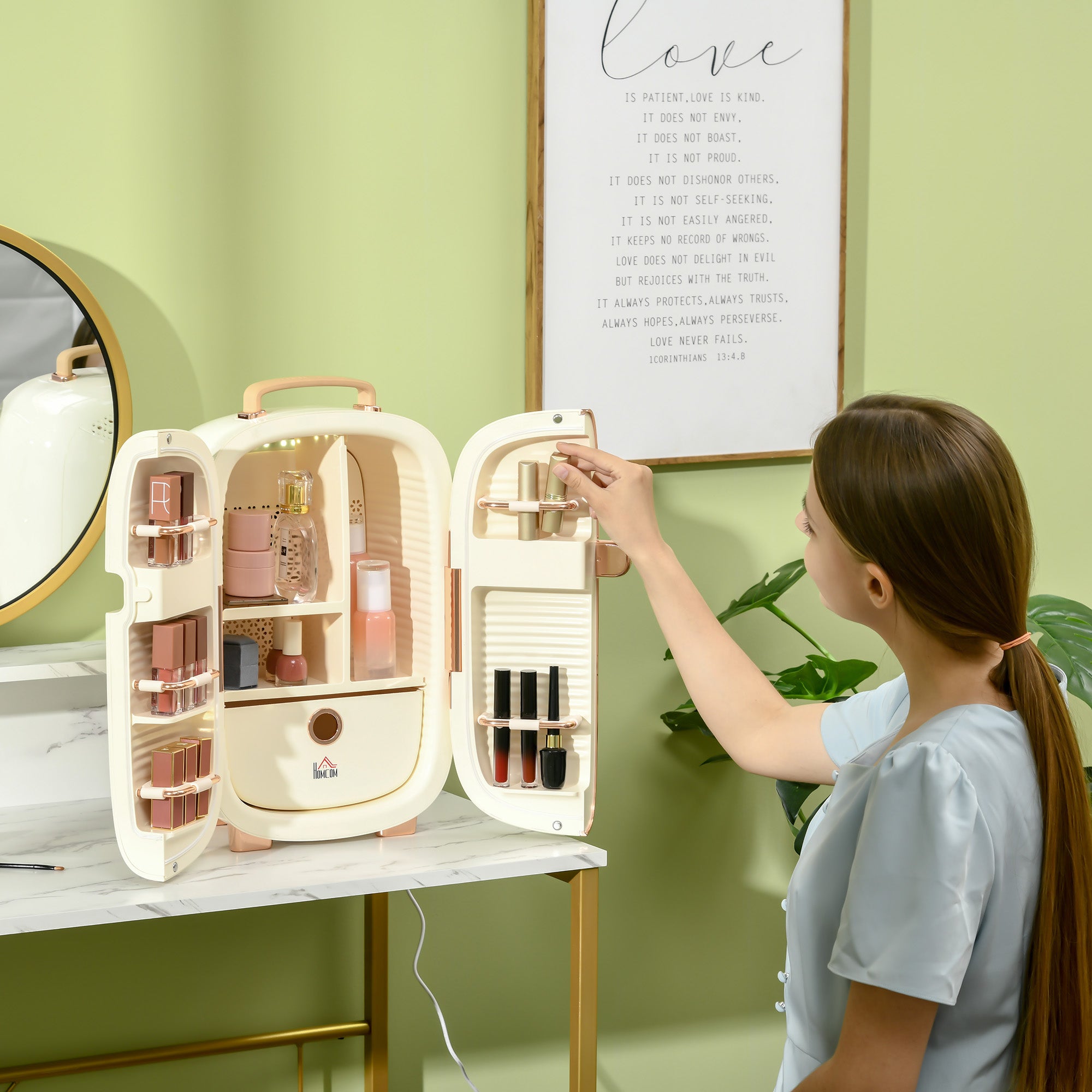 Portable Skincare Fridge with LED Display, 12L Mini Fridge for Beauty, Makeup and Cosmetics, Small Refrigerator Cooler for Bedroom, Home Office, Desktop, White