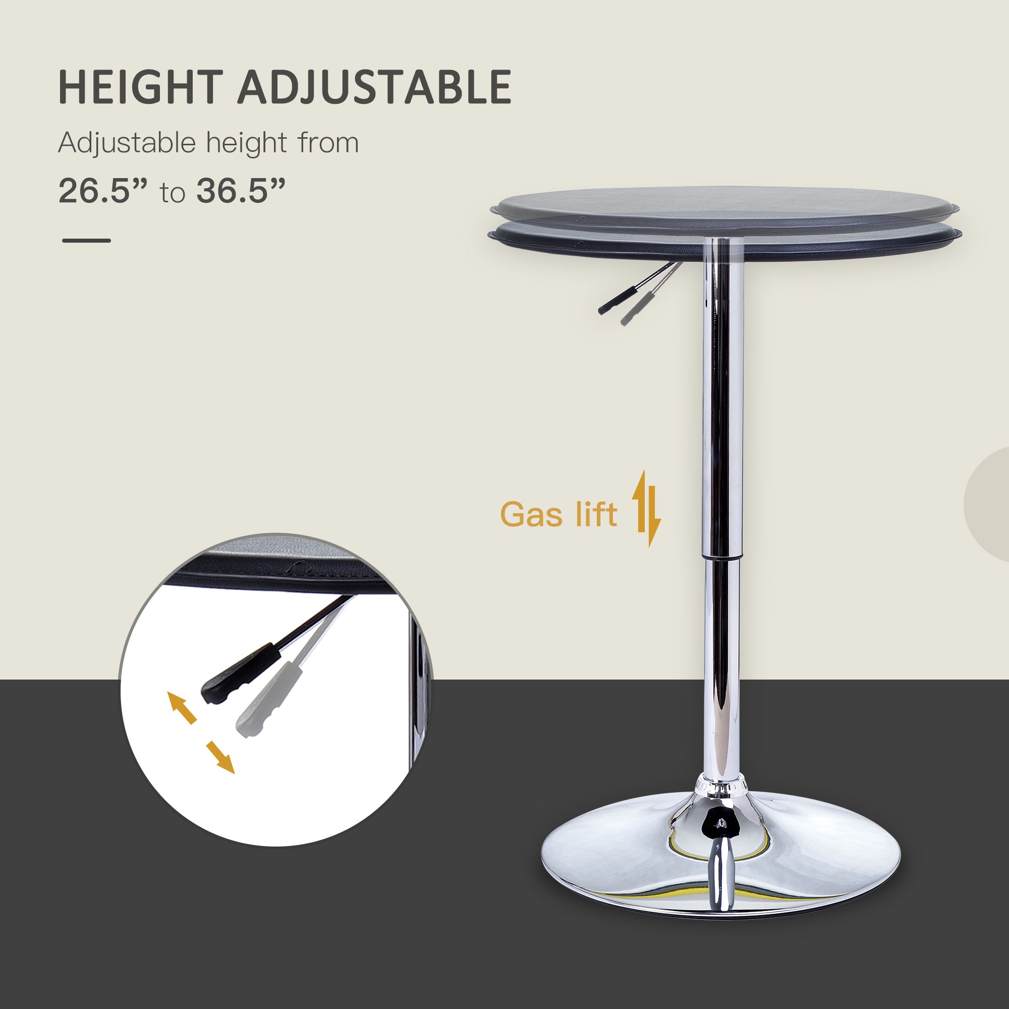25" Classic Round Adjustable Faux Leather Chrome Standing Bistro Table, Black