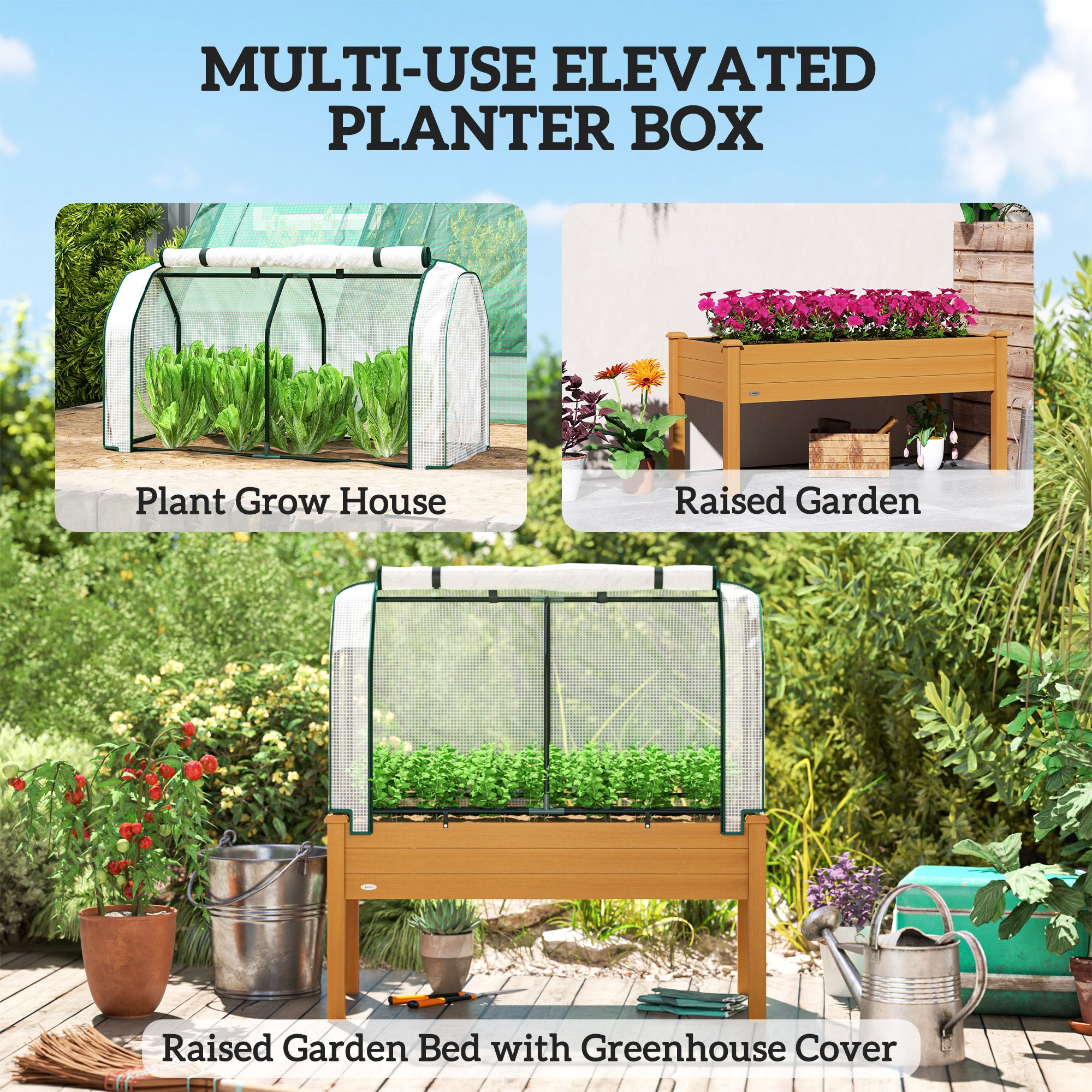 Raised Garden Bed with PE Greenhouse Cover Outdoor Planter Box for Herbs and Vegetables, 48 x 22 x 46 inch, Sand - Sand - Image 6