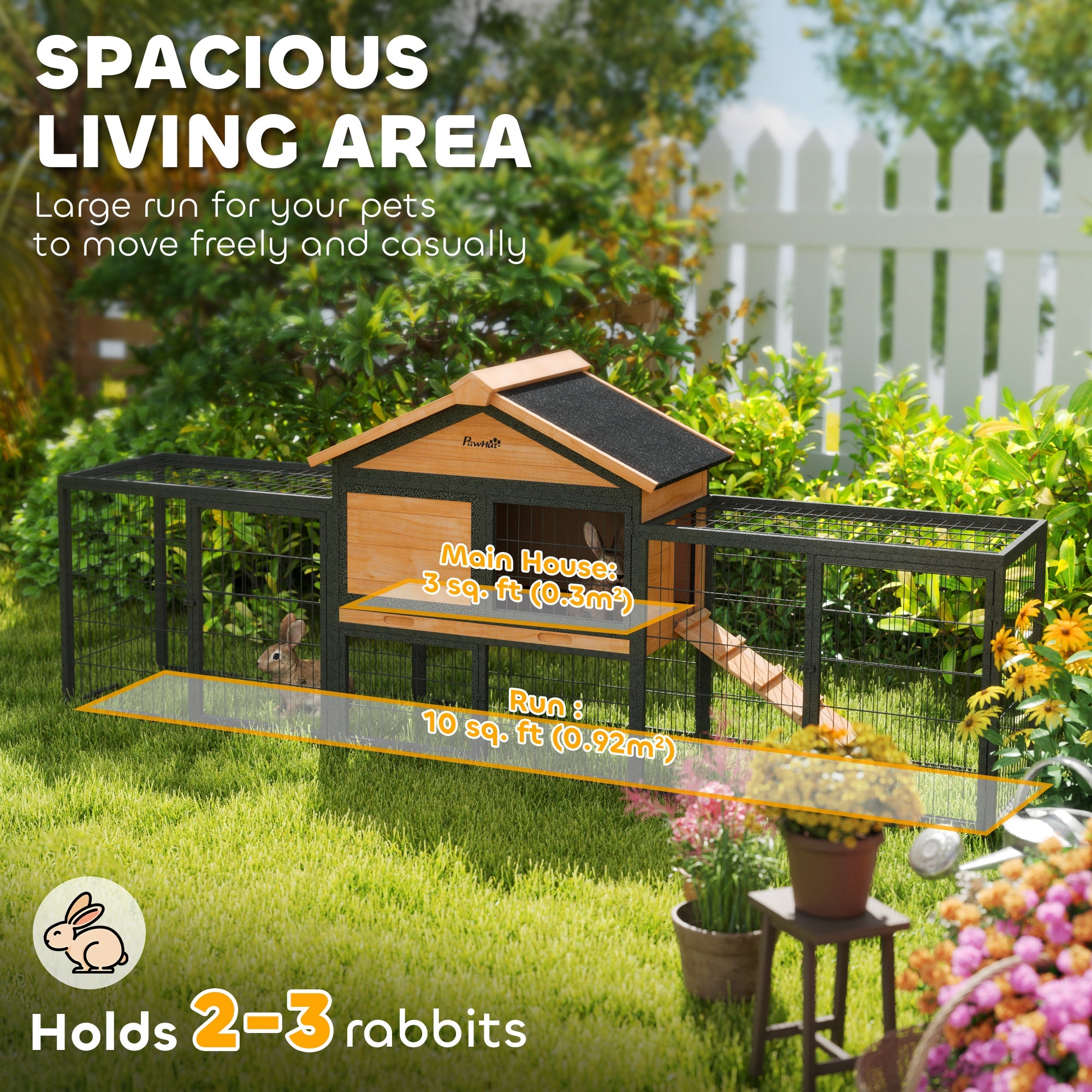 Wooden Rabbit Hutch Outdoor, 85" Large Bunny Cage with Steel Run, Removable Plastic Tray, Asphalt Roof, Ramp - Natural Wood - Image 4