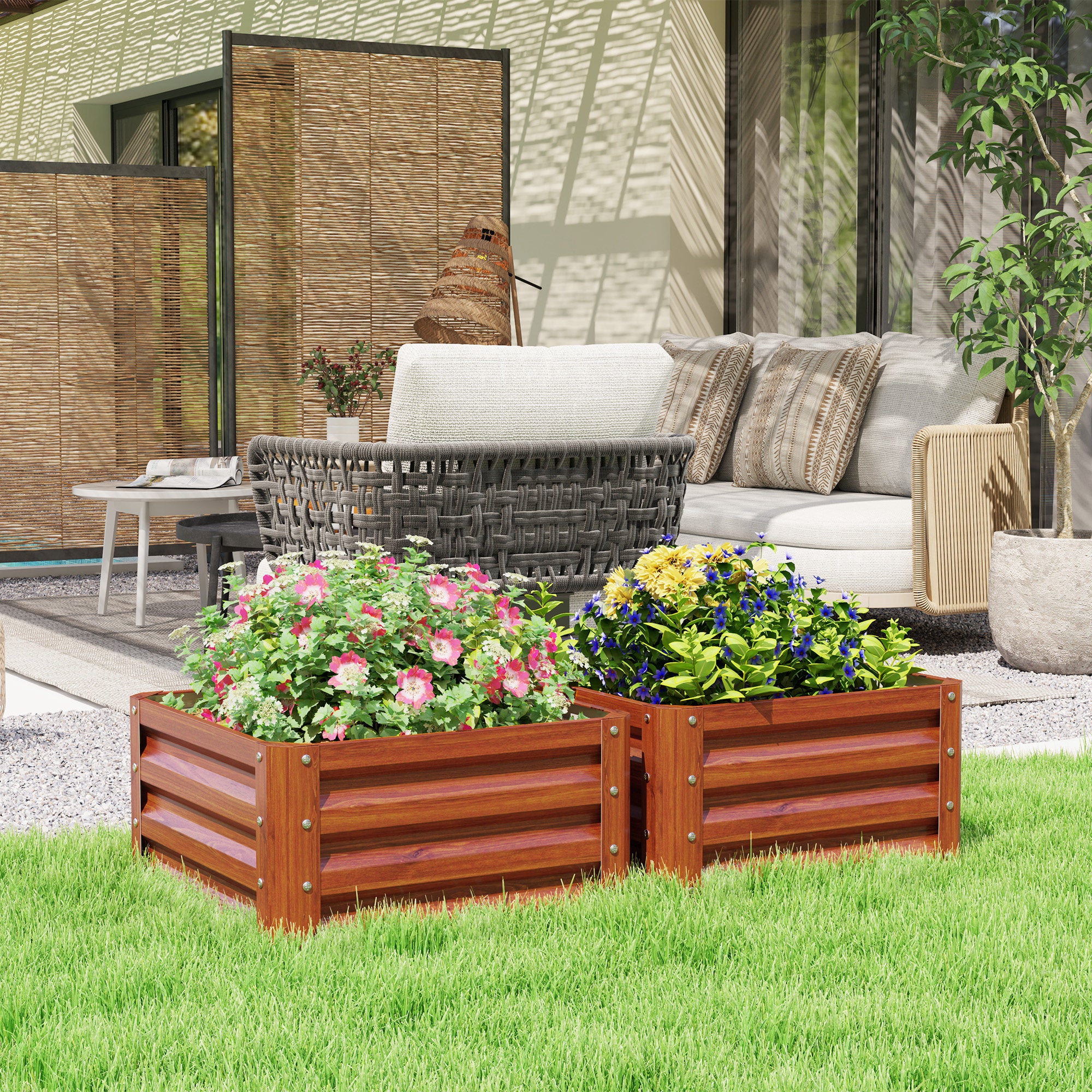 2 Piece Galvanized Raised Garden Bed, 2' x 2' x 1' Metal Planter Box for Growing Vegetables, Flowers, Herbs, Succulents, Brown - Brown - Image 2