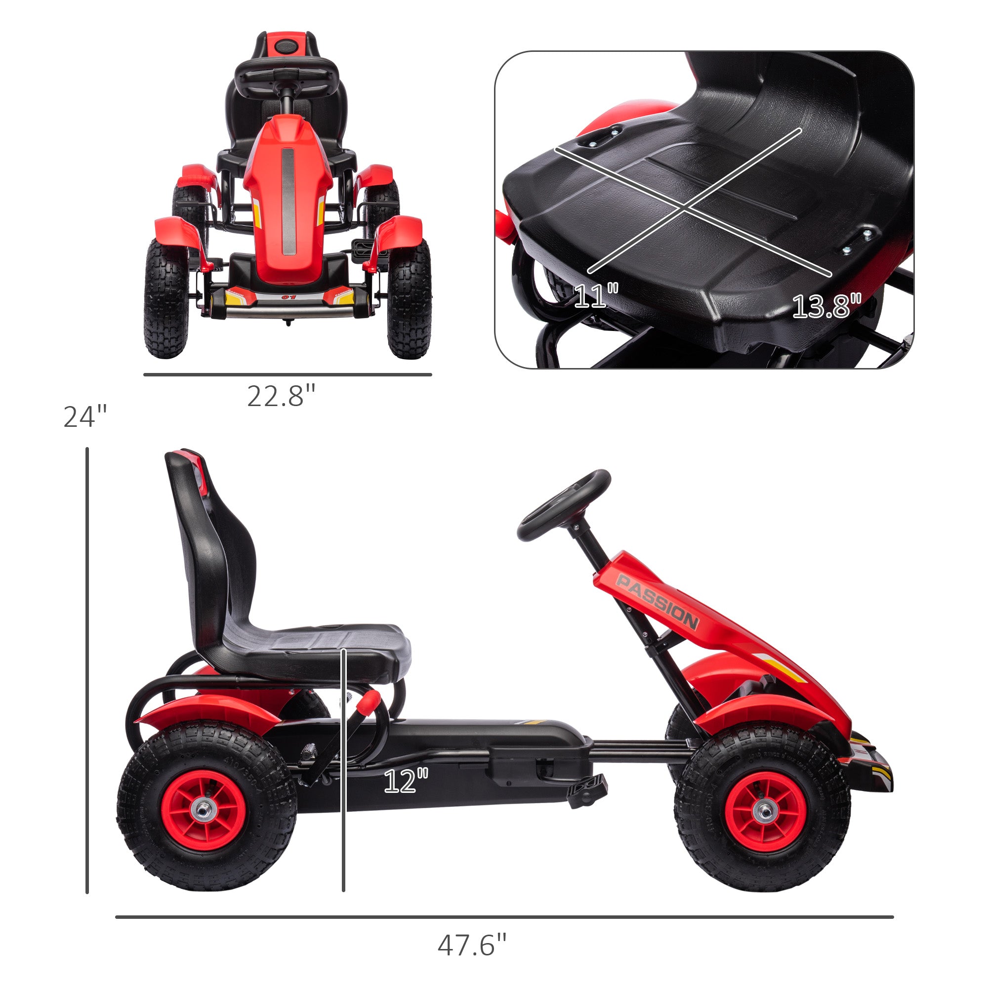 Kids Pedal Go Kart W/ Adjustable Seat, Rubber Wheels, Red