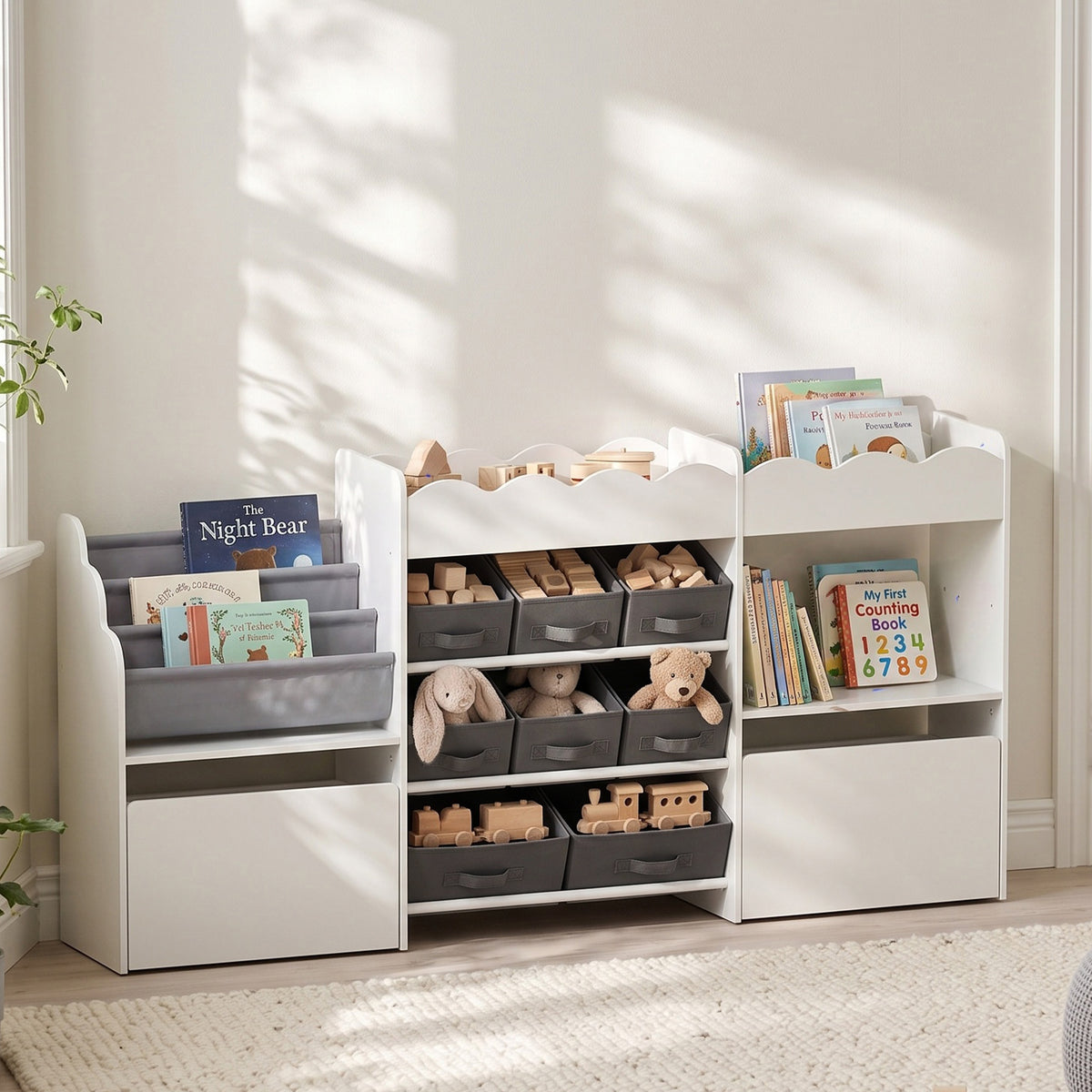 Kids Toy Storage Organizer, Kids Bookshelf with 8 Fabric Bins, 2 Rolling Drawers, Open Shelves for Kids Room, White
