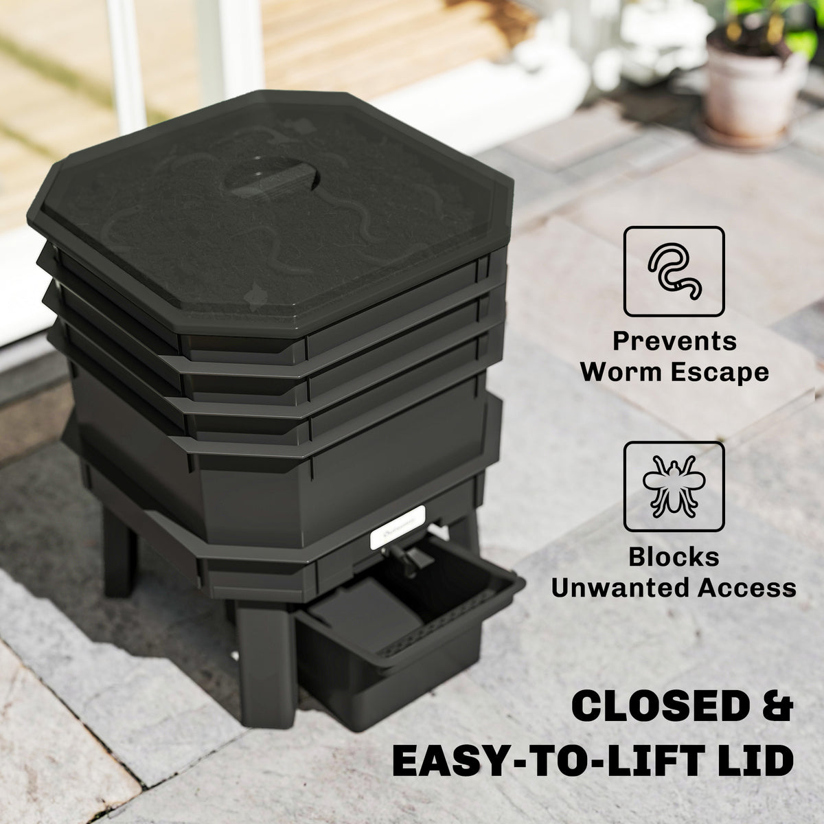 4-Tray Worm Composter Bin, 7.4 Gal Outdoor & Indoor Worm Composter for Recycling Food Waste, Black