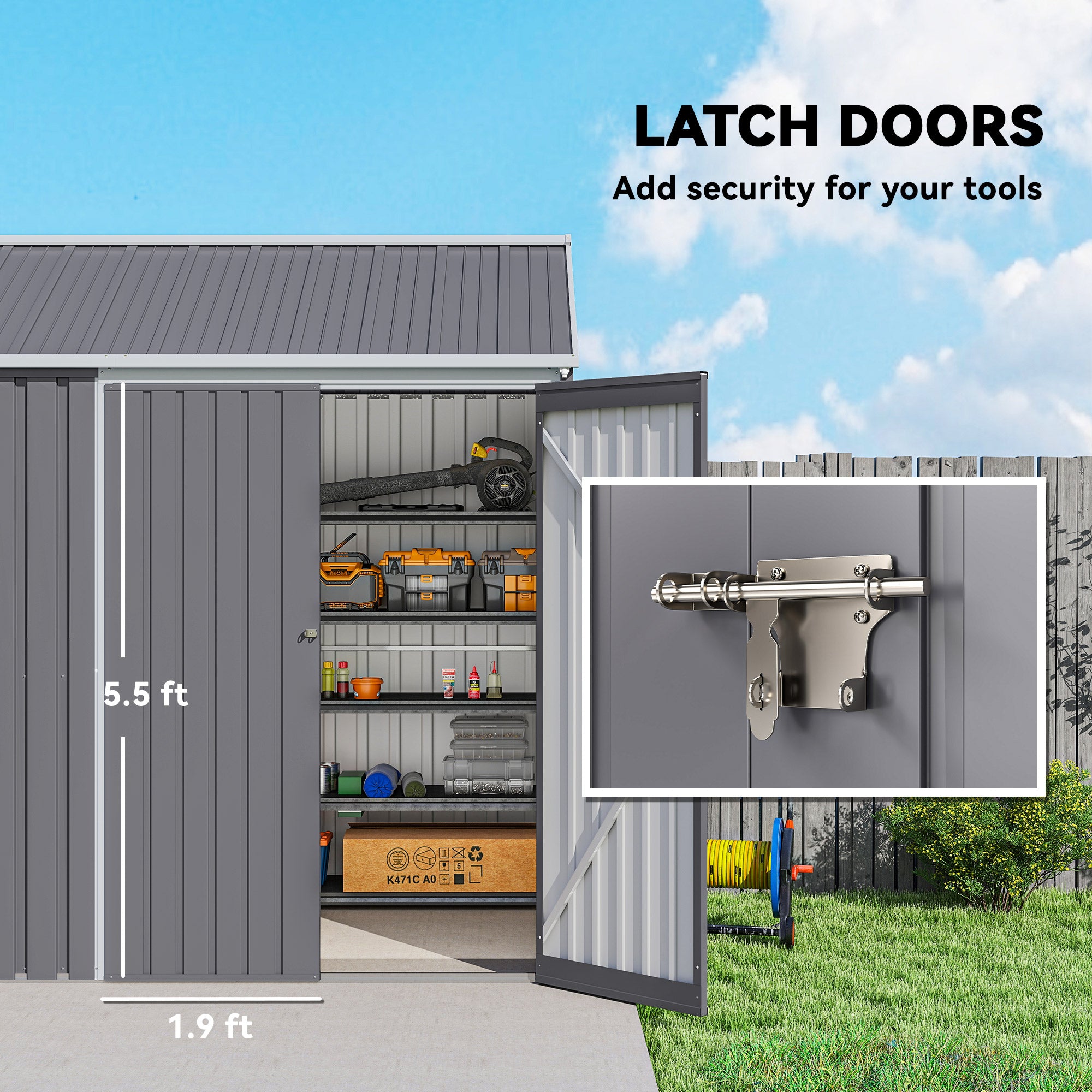 8' x 5.5' Metal Garden Storage Shed, Extra Large Outdoor Tool Storage House w/Lockable Doors, Window, Air Vents, Gray - Gray - Image 7