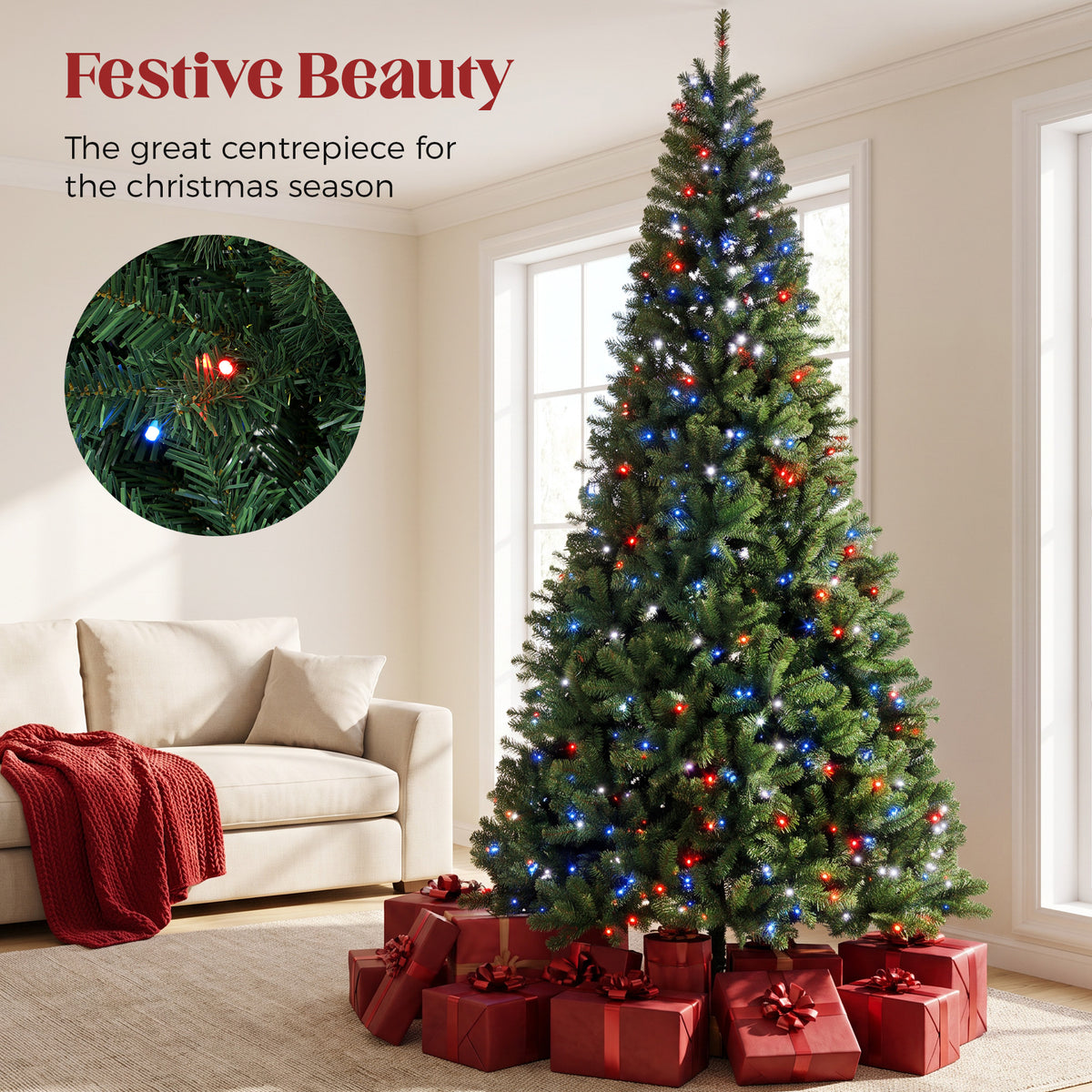 9ft Prelit Christmas Tree with RGB Dynamic LEDs, Remote Control, Daily Timer, Hinged Xmas Tree, Easy Assembly