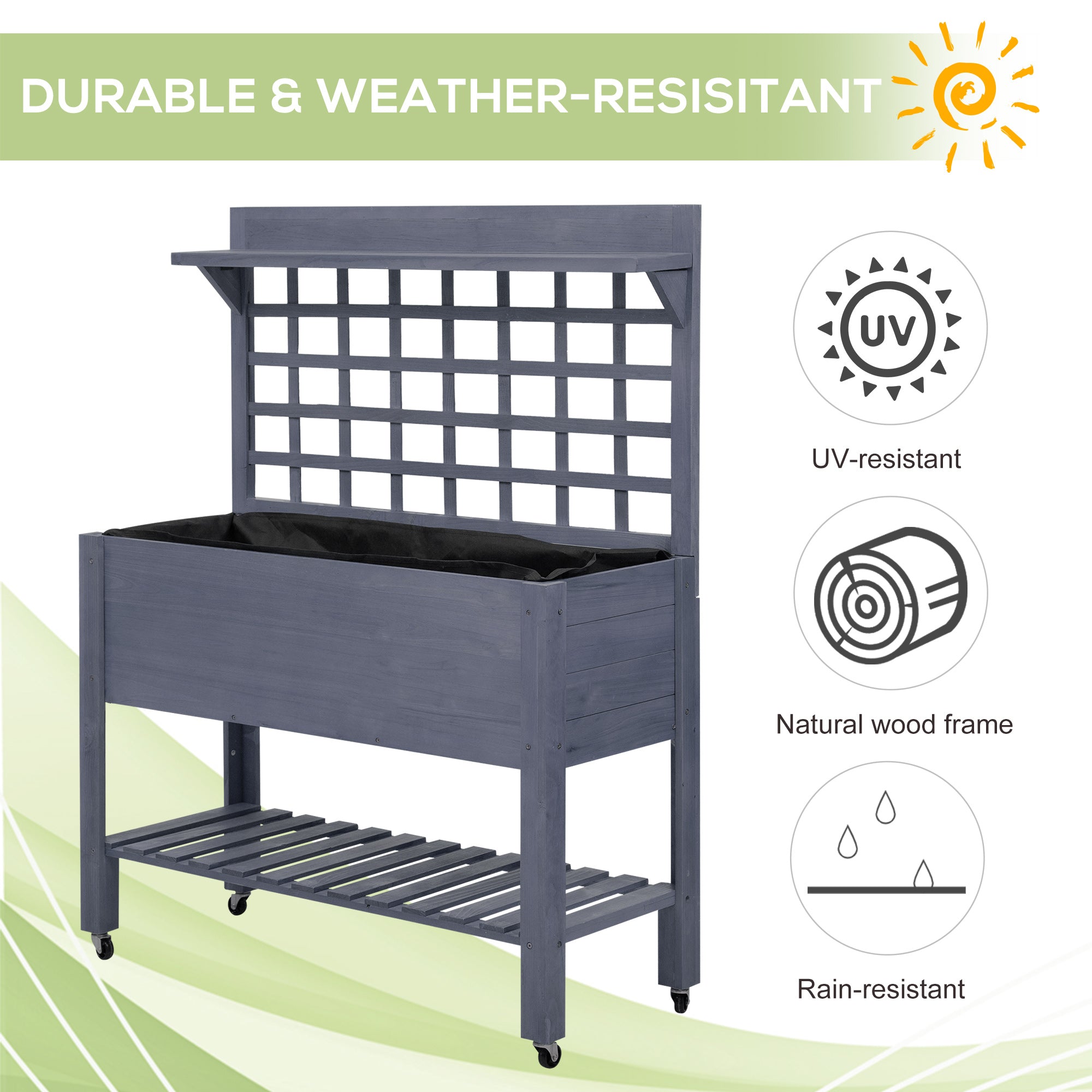 41" Raised Garden Bed Mobile Elevated Wooden Planter Box Stand with Wheels, Trellis and Storage Shelf, Gray - Gray - Image 5