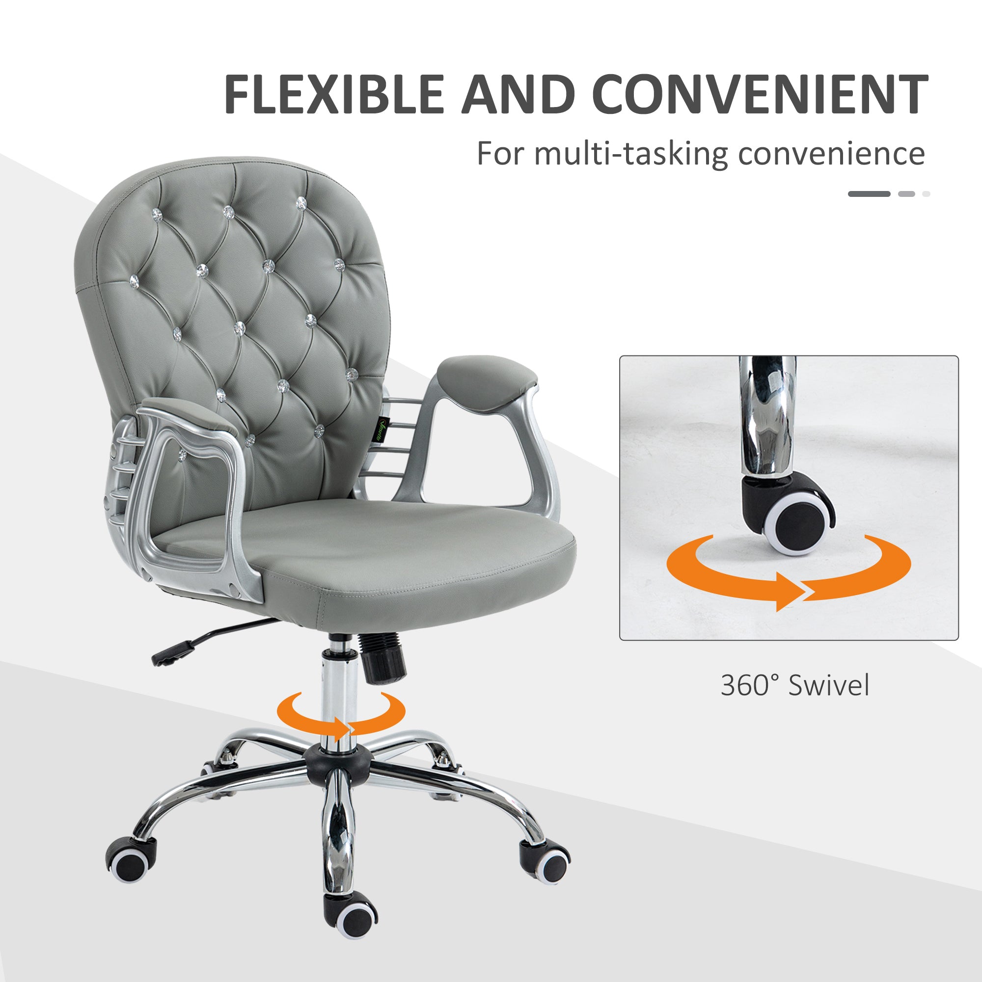 Button Tufted Desk Chair, Home Office Chair with Padded Armrests, Adjustable Height and Swivel Wheels, Gray