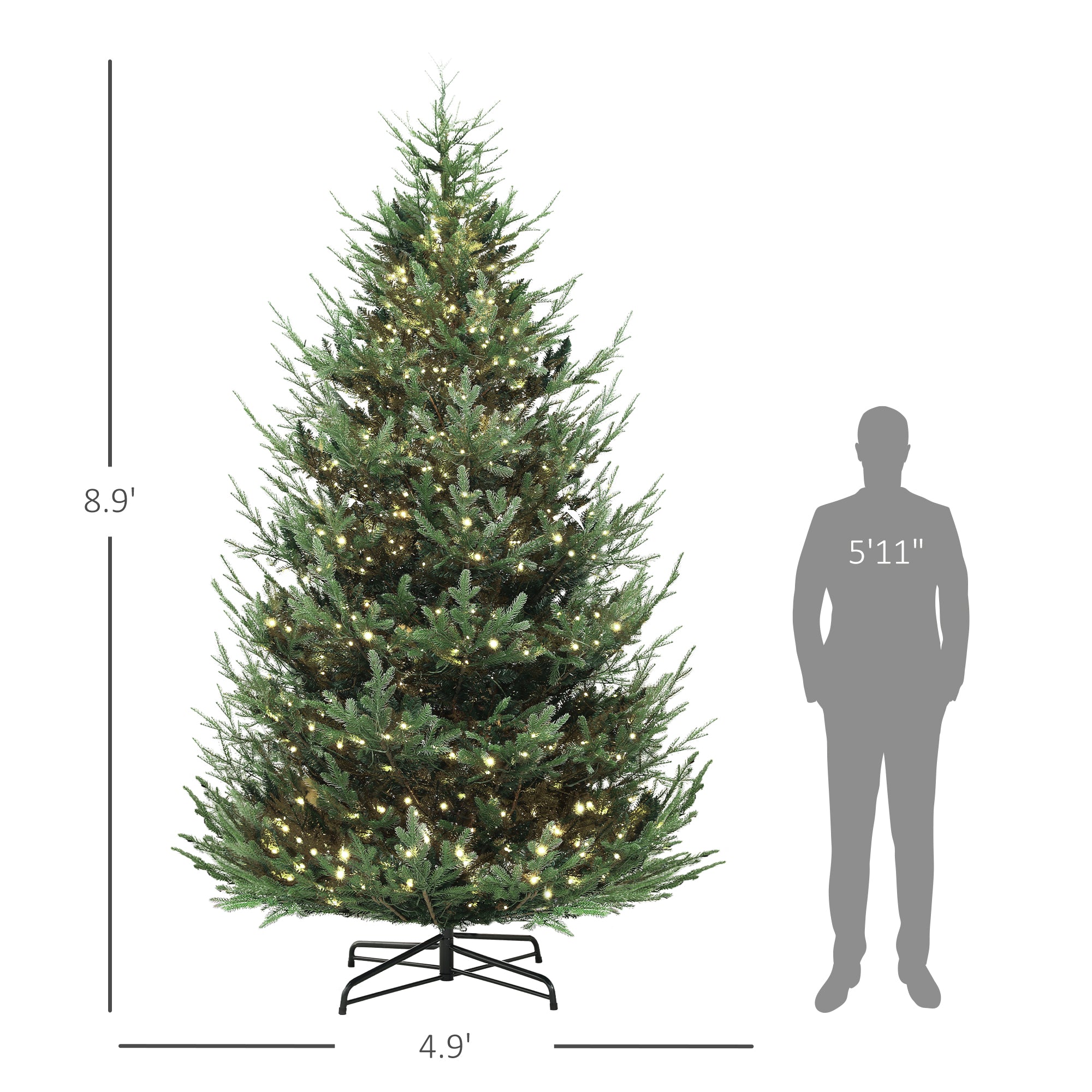 9 ft Artificial Christmas Tree, Prelit Christmas Tree with 300 LED Lights, 1939 Branch Tips and Wide Metal Base, Green