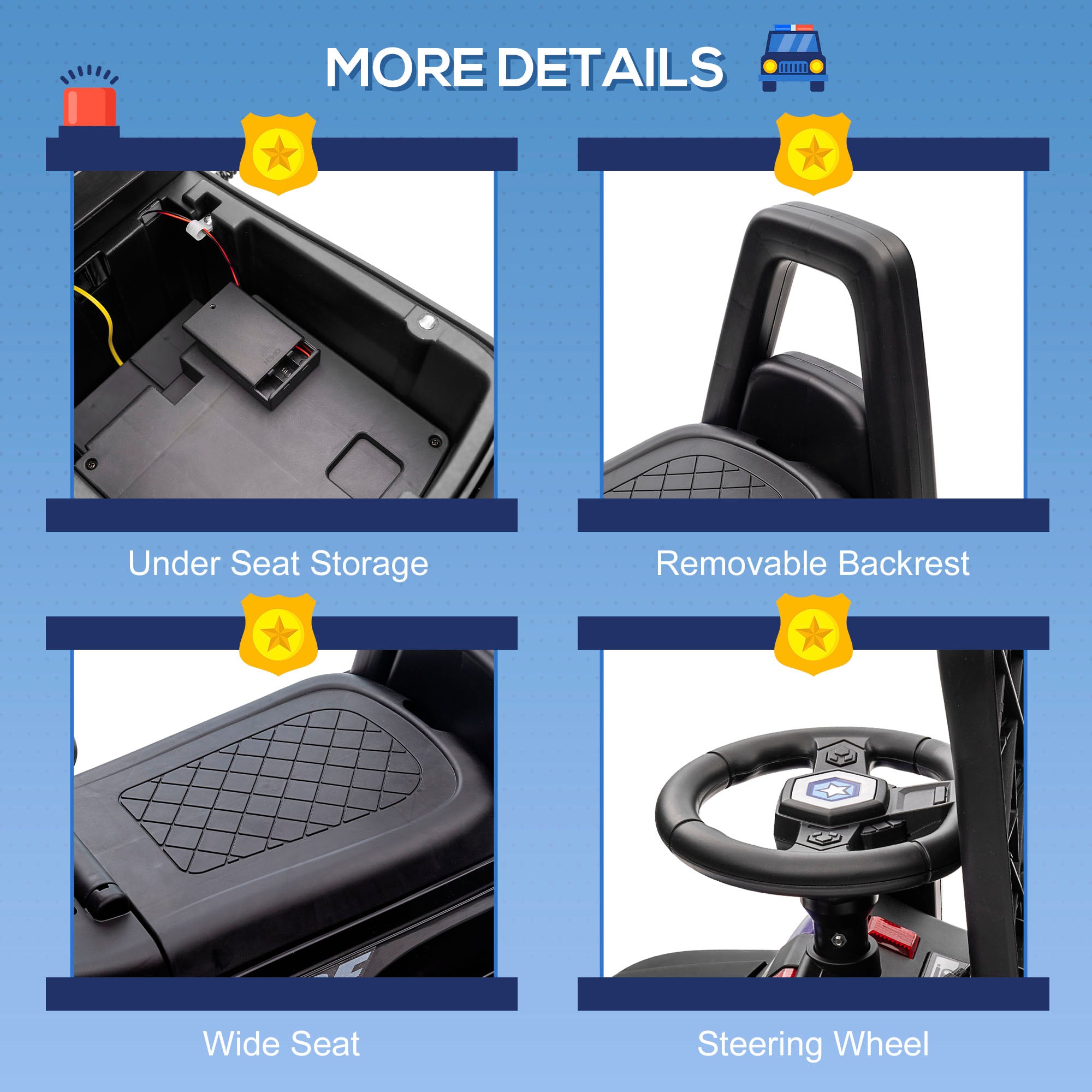 Kids Push Ride On Car with Working PA System and Horn, Police Truck Style Foot-to-Floor Sliding Car for Boys and Girls with Under-Seat Storage, for 18 Months to 5 Years Old, Black