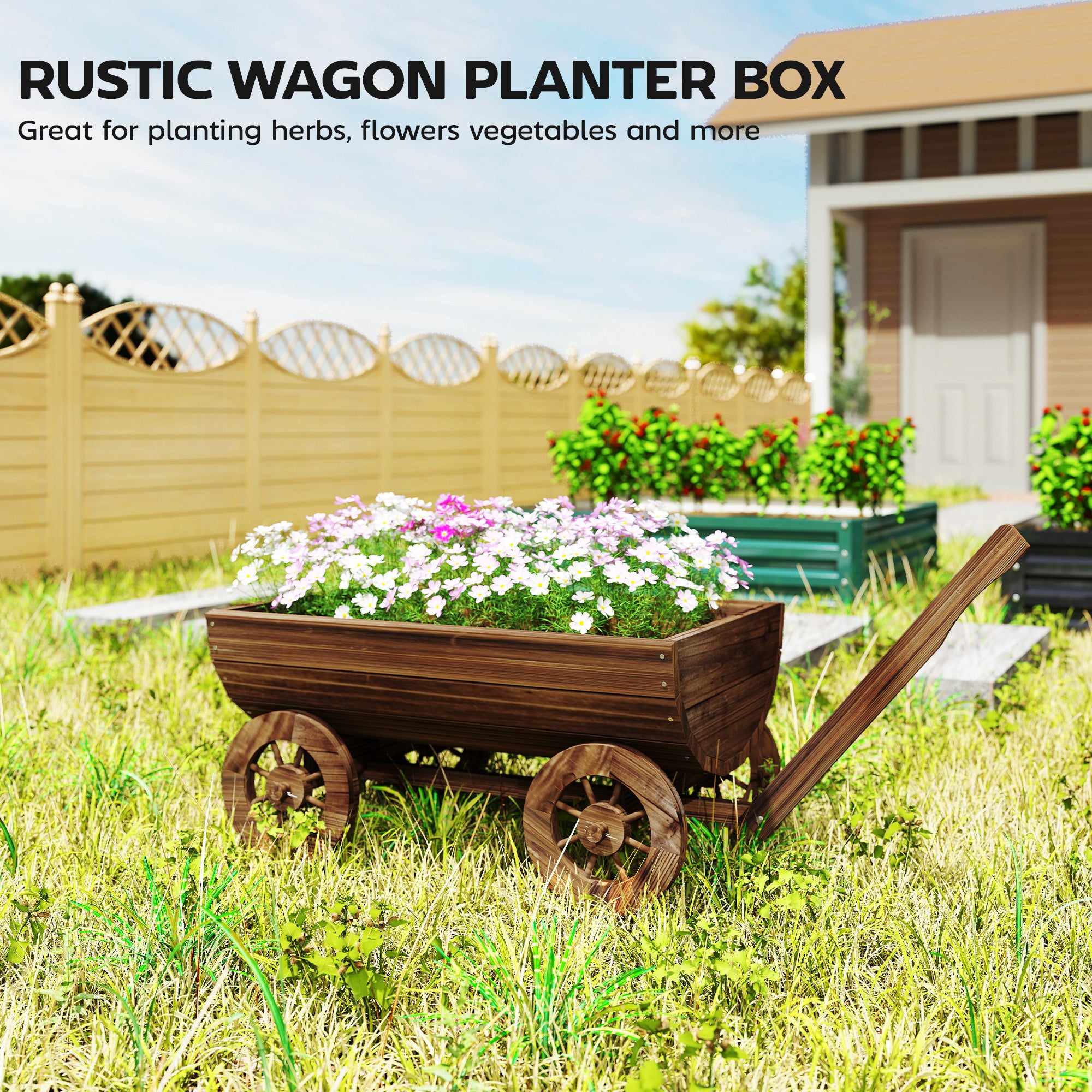 Wooden Wagon Planter Box, Mobile Garden Planter with 4 Wheels, Small Wheelbarrow Wagon Flower Cart with Drainage Hole - Carbonized - Image 4