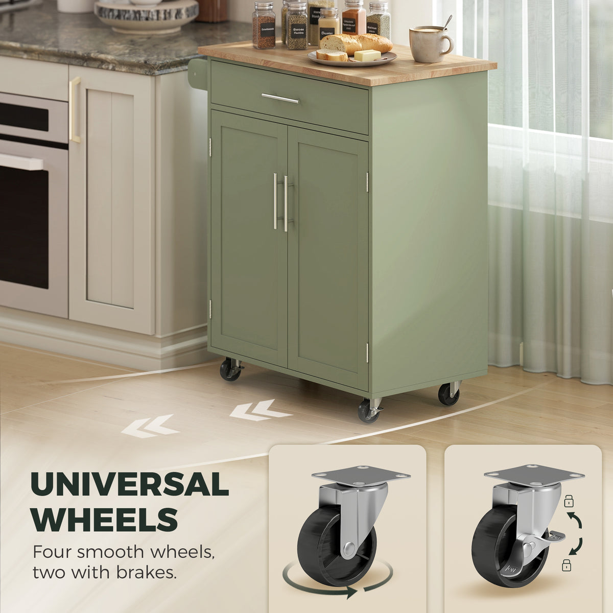 Kitchen Island Cart, Rolling Island Table with Solid Wood Top, Trolley Cart with Drawer, Storage Cabinet, Green