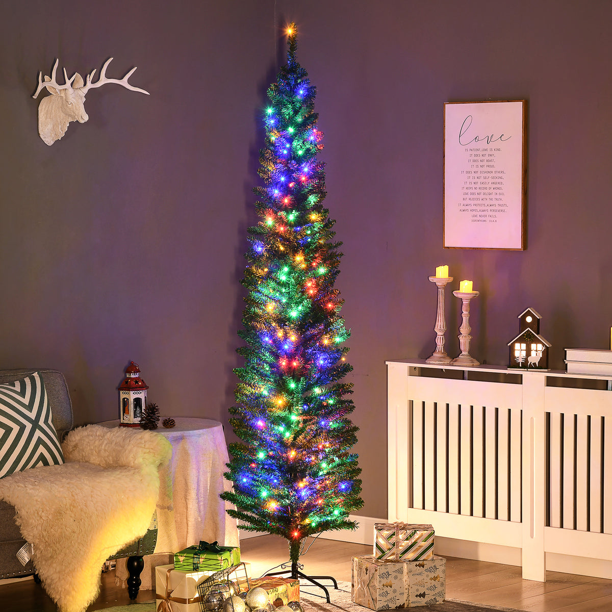 7' Artificial Pencil Christmas Trees Holiday Decoration with Colorful LED Lights, Steel Base, Skinny Shape