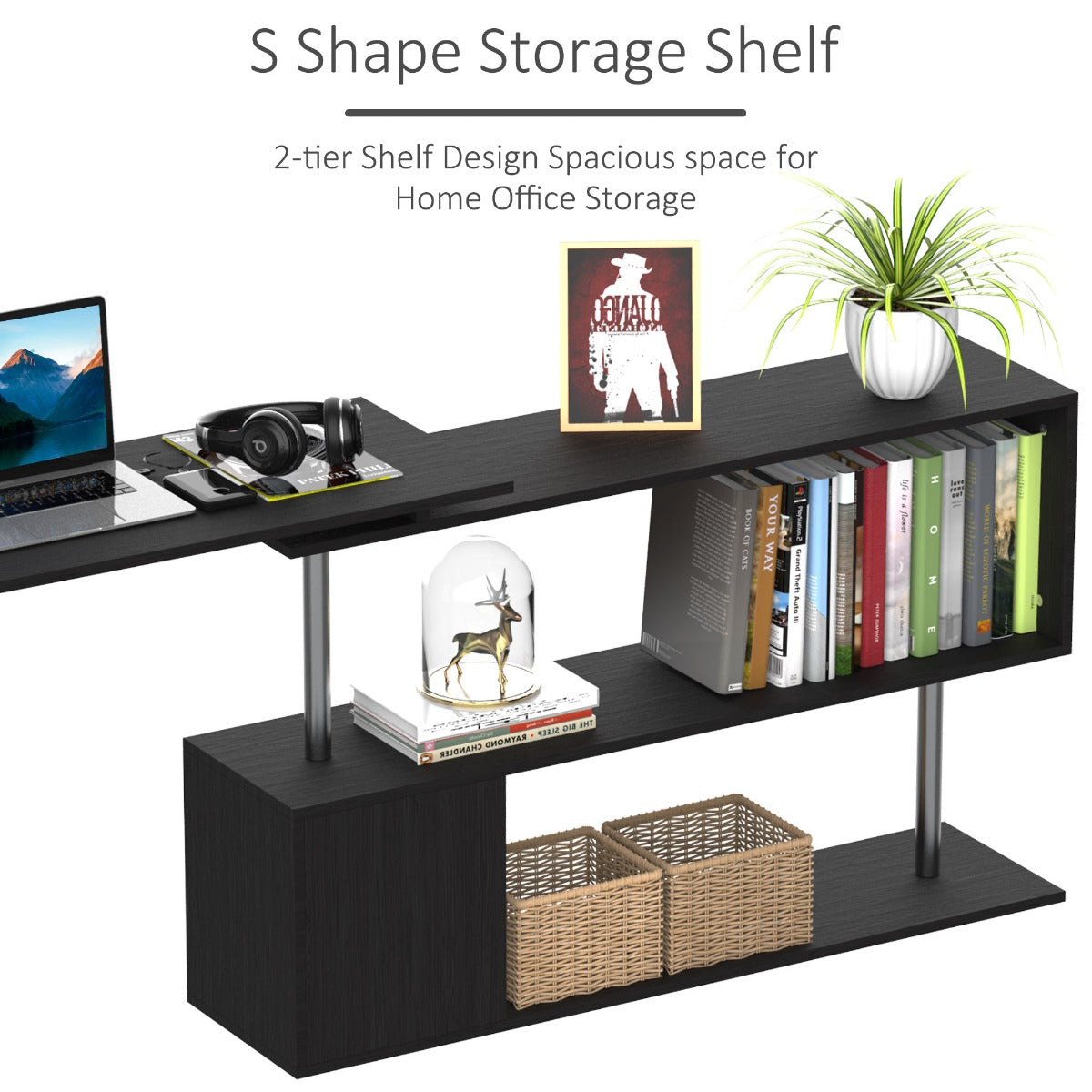 55" 360° Rotating Corner Computer Desk Modern L-Shaped Home Office Workstation with 3-Tier Storage Shelves, Bookshelf, Black
