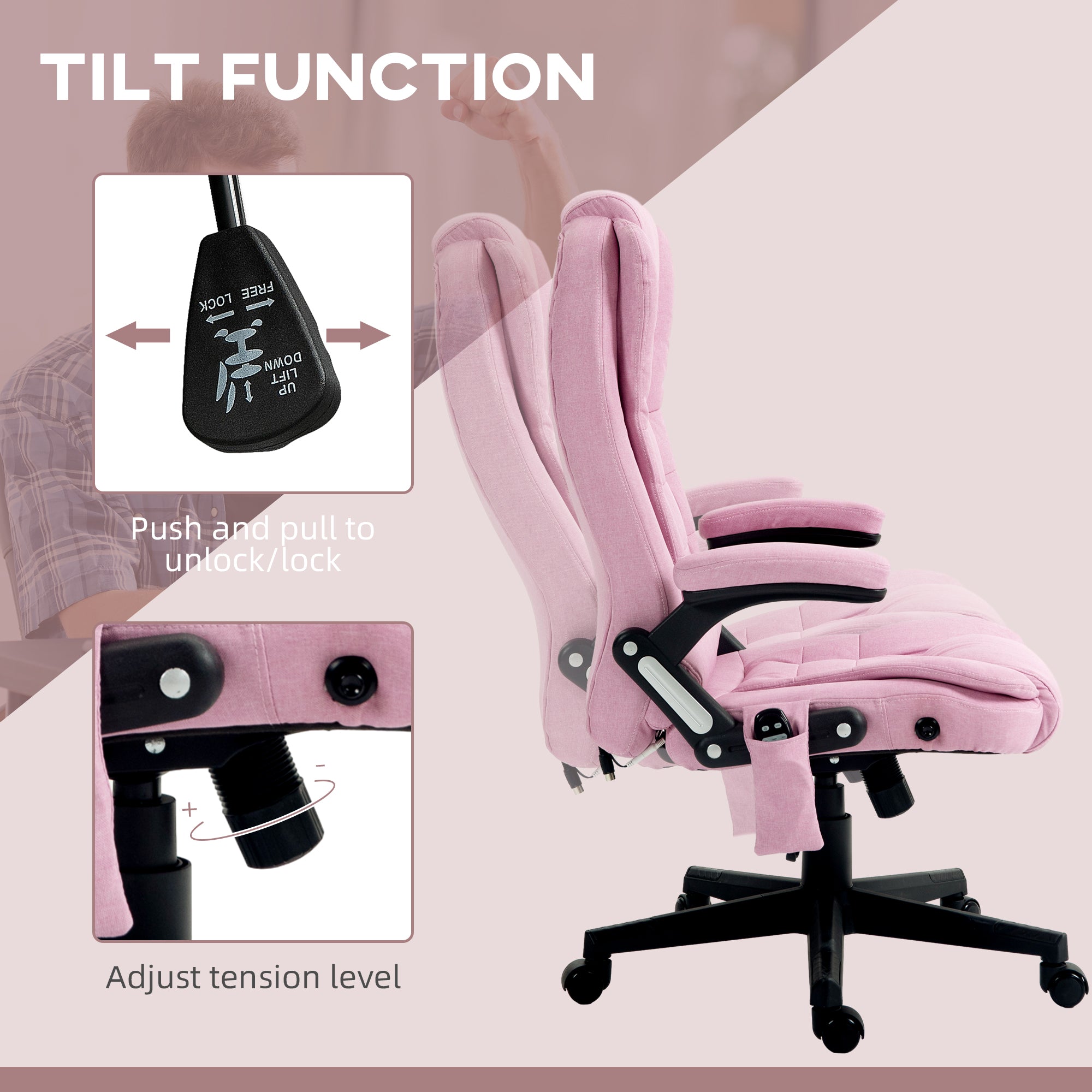 6 Point Vibrating Massage Office Chair with Heat, Linen High Back Massage Desk Chair with Reclining Backrest, Pink